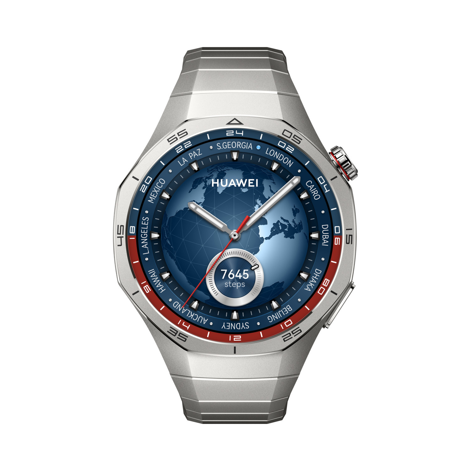 Een zilveren smartwatch met een wereldkaartweergave. Het heeft een zilveren rand en een rode accent aan de zijkant.