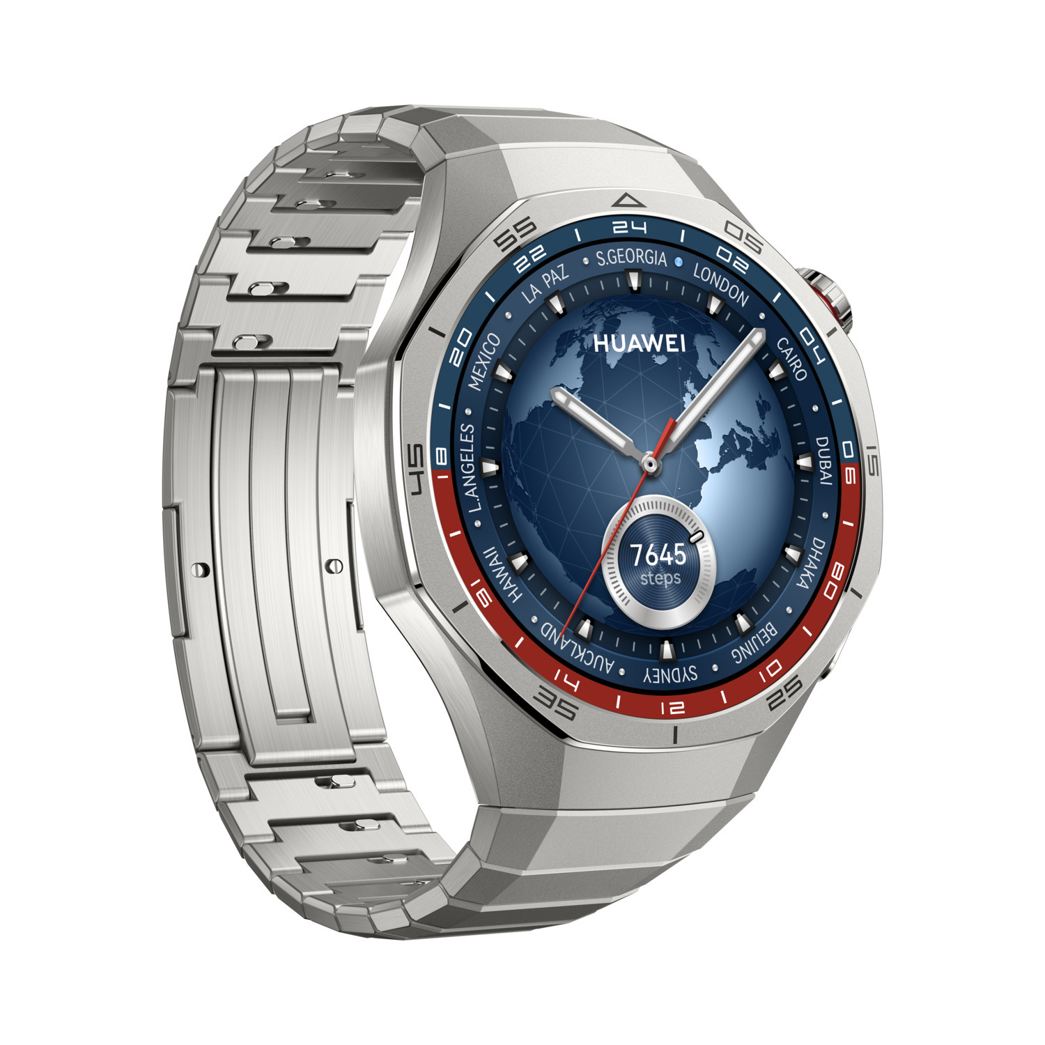 Zilveren Huawei smartwatch met wereldkaartdisplay en metalen band.
