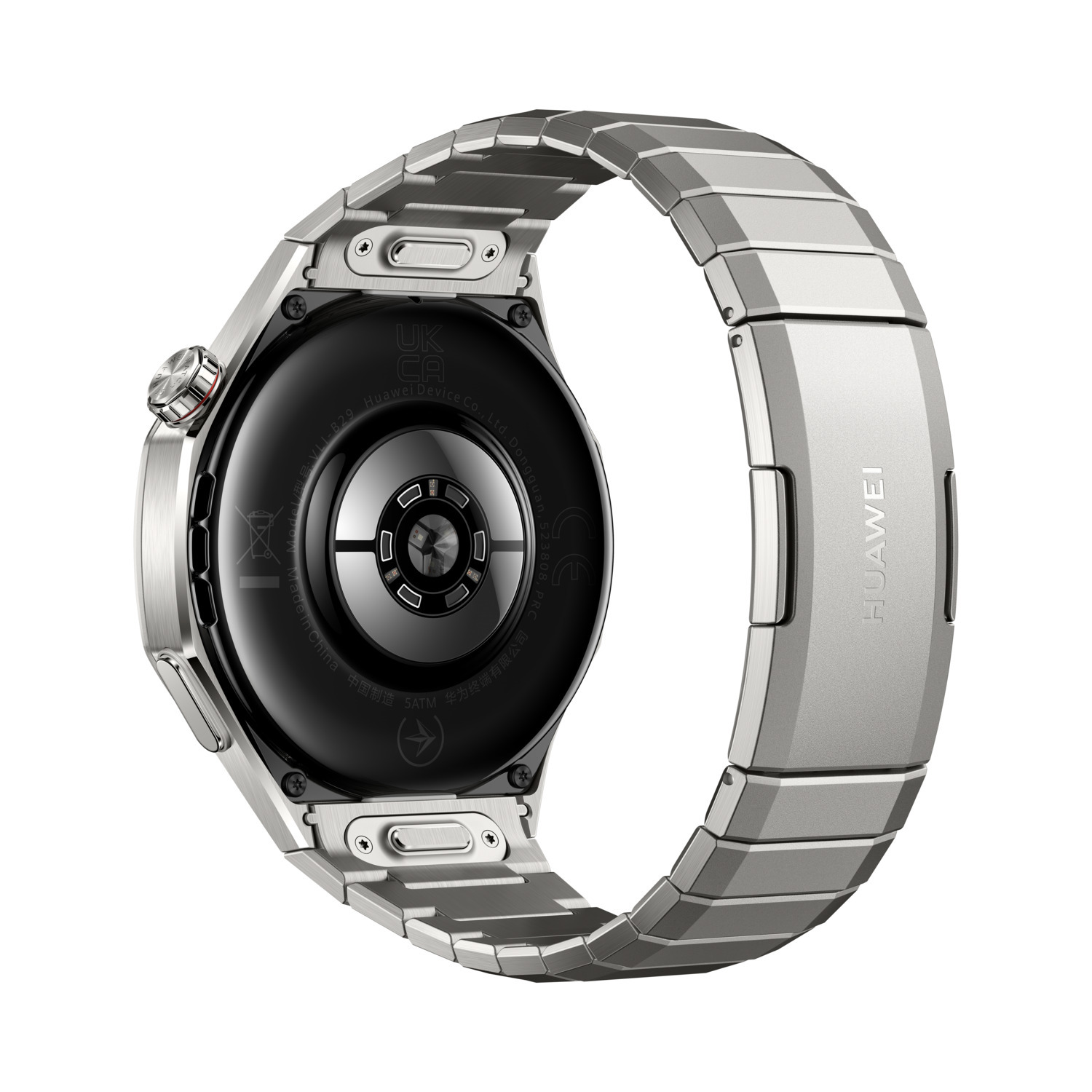 Een close-up van de achterkant van een Huawei smartwatch met een metalen band.