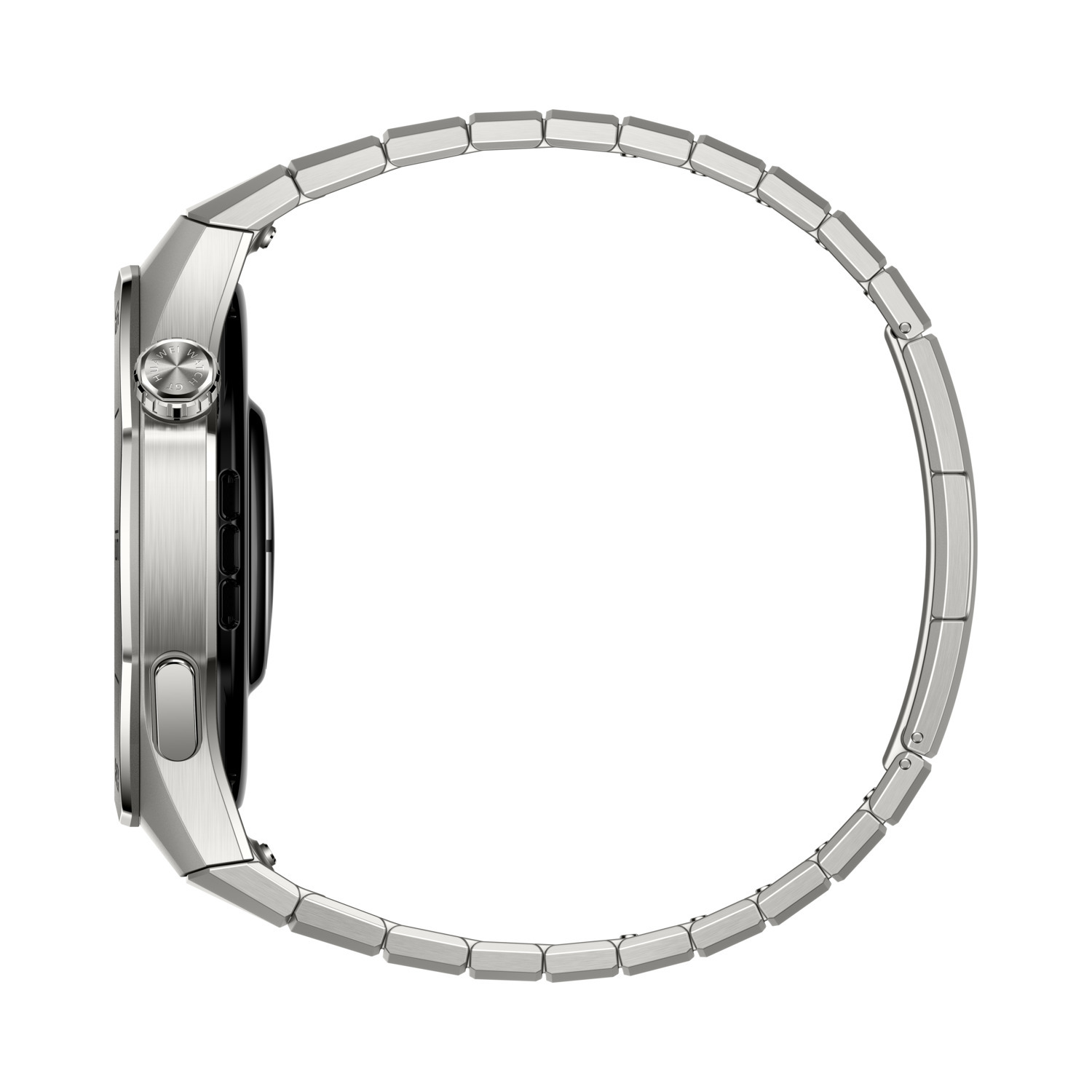 Zijaanzicht van een zilveren smartwatch met een zilveren band.