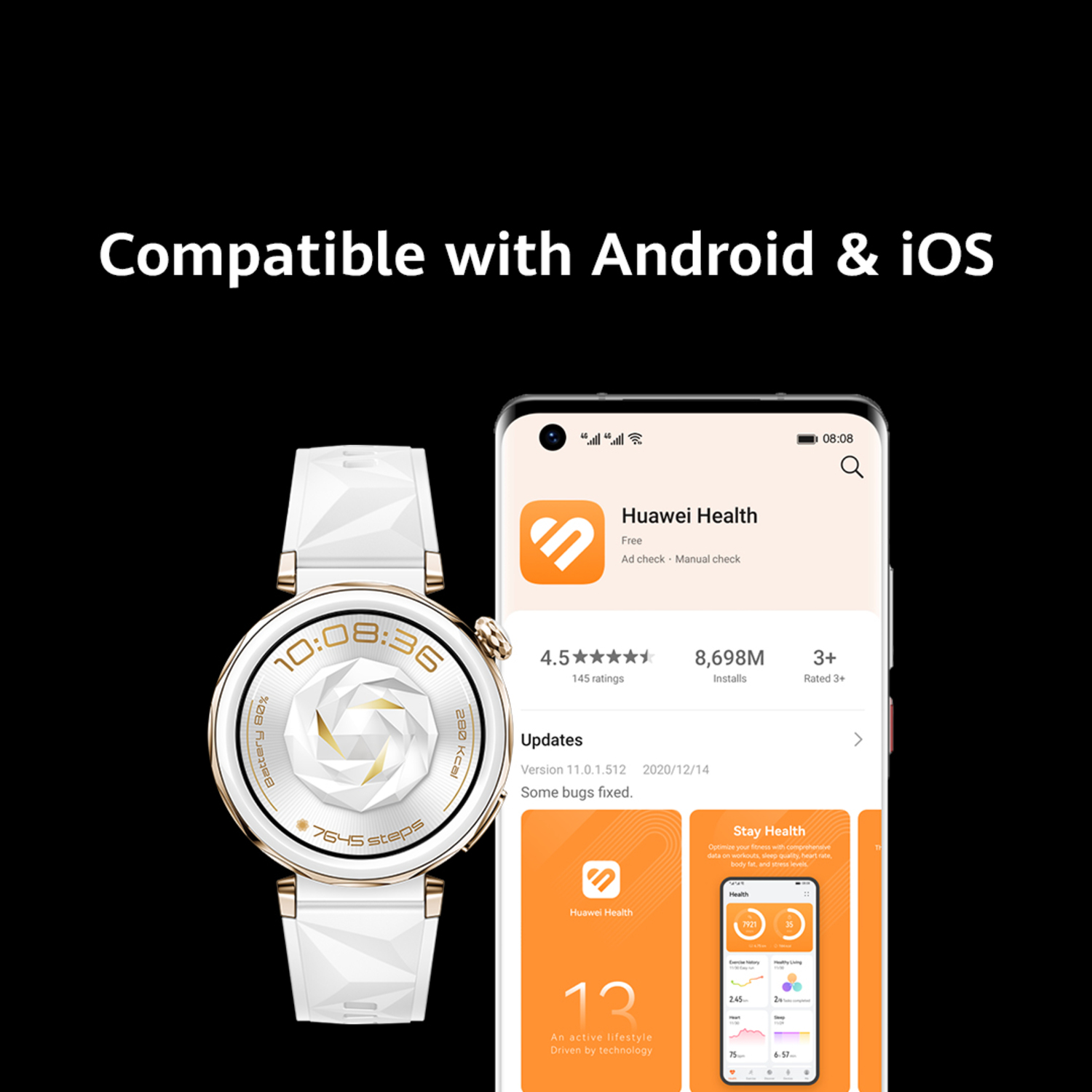 Een witte smartwatch met een witte band, die de tijd en fitnessgegevens weergeeft.