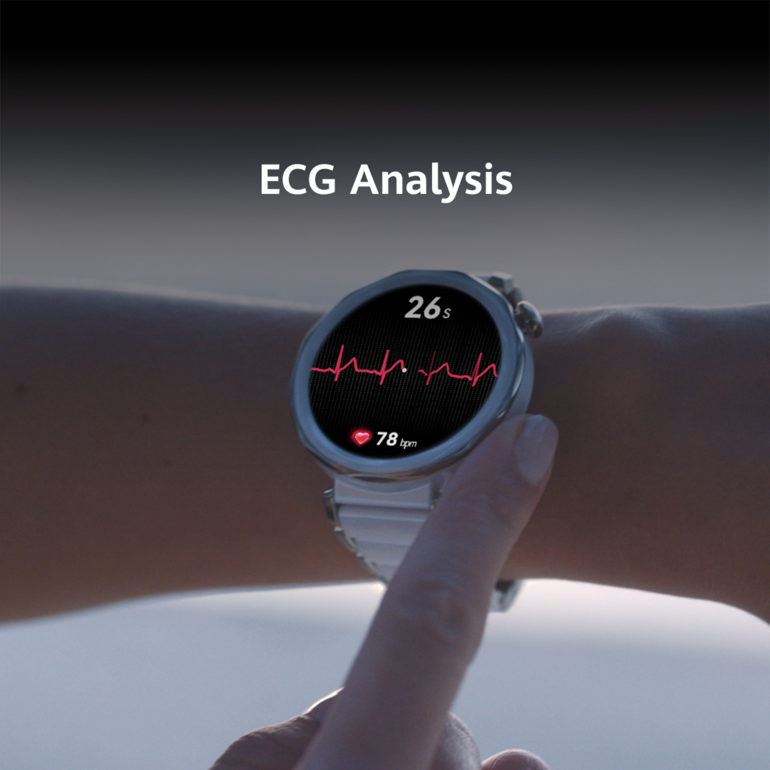 Pols met smartwatch die een ECG weergeeft. Het scherm toont hartslag, 78 bpm, en de ECG-lijn.