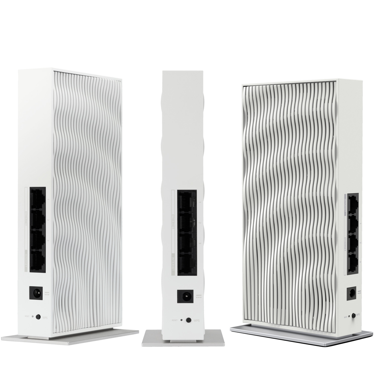 Three views of a white router with a textured front, various ports, and a stand.