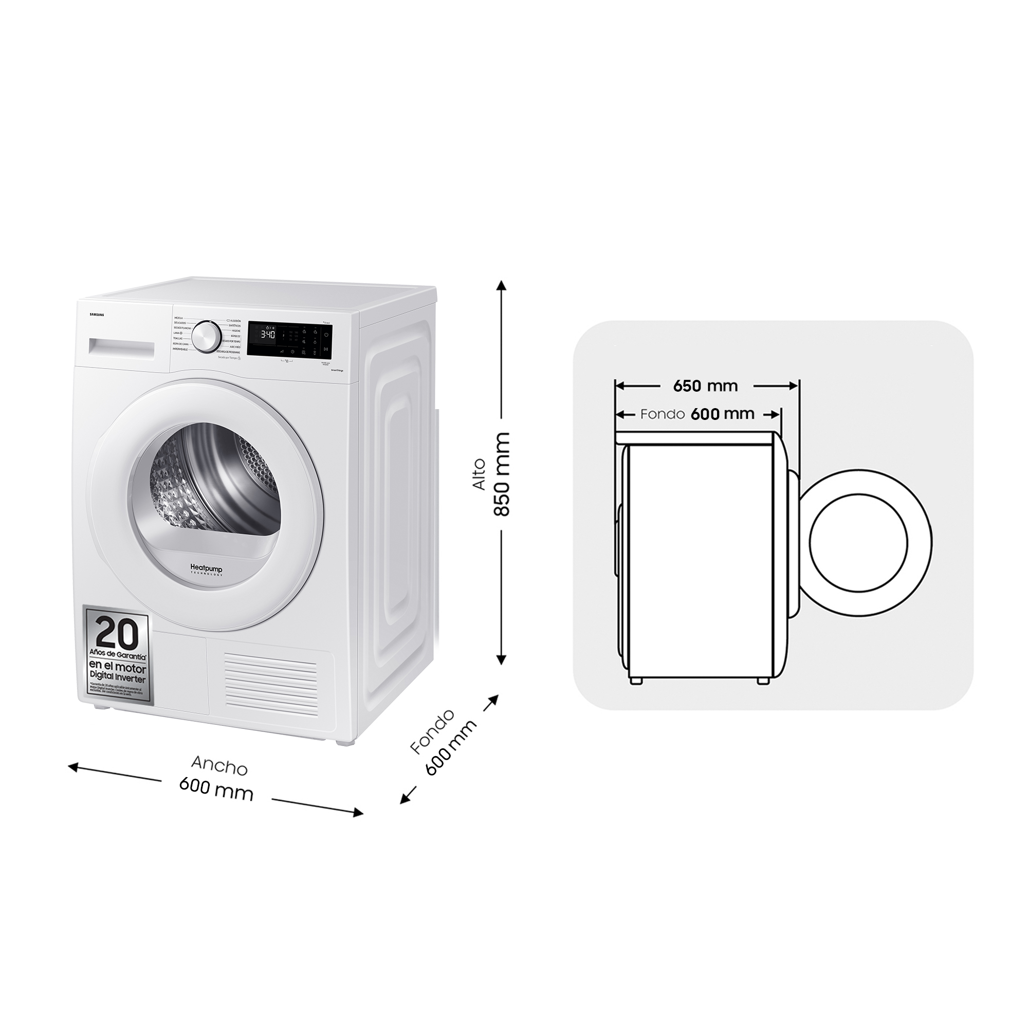 Secadora bomba de calor - Samsung DV90CGC2A0TEEC, 9 Kg, 13 programas, WiFi con SmartThings, OptimalDry, Blanco