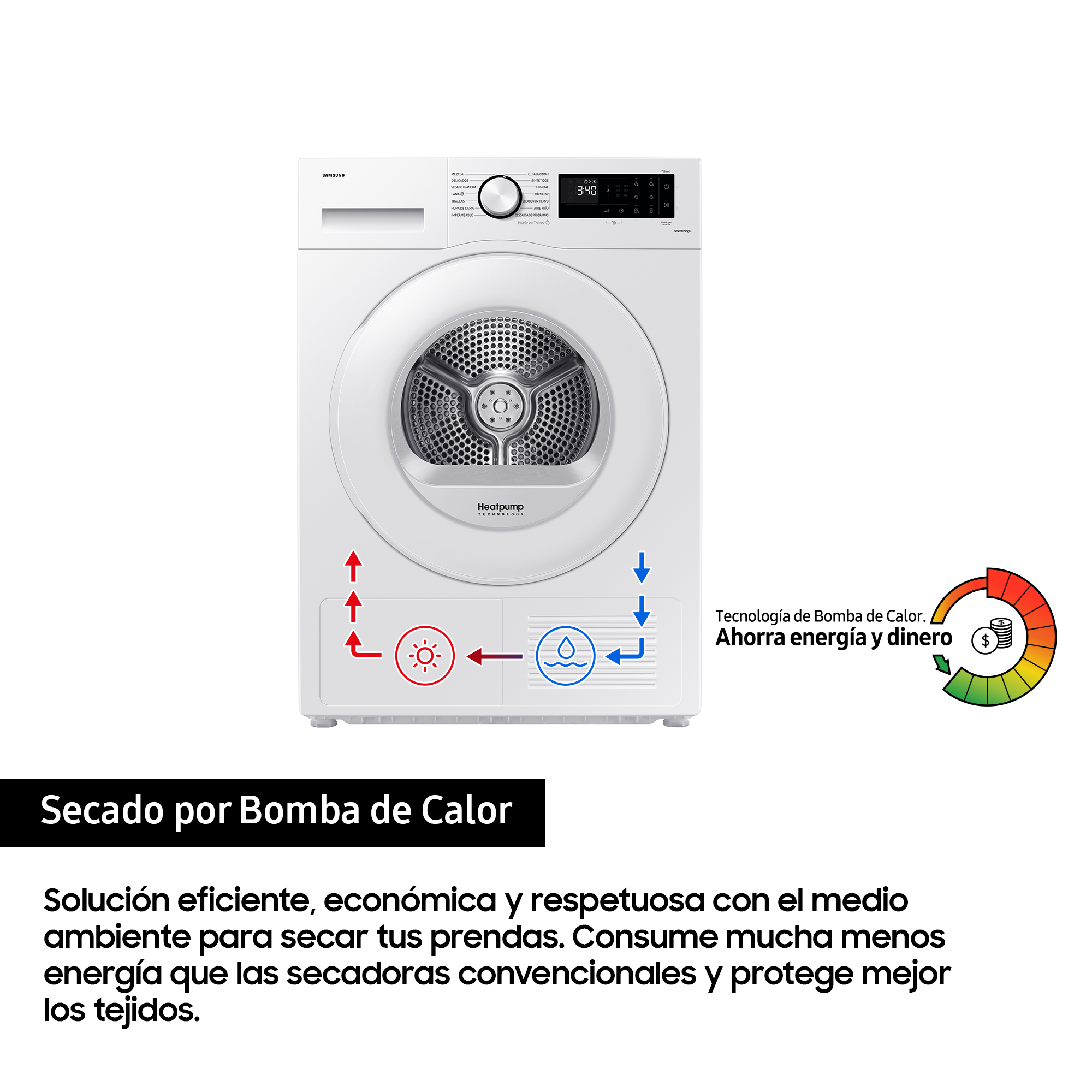 Secadora bomba de calor - Samsung DV90CGC2A0TEEC, 9 Kg, 13 programas, WiFi con SmartThings, OptimalDry, Blanco