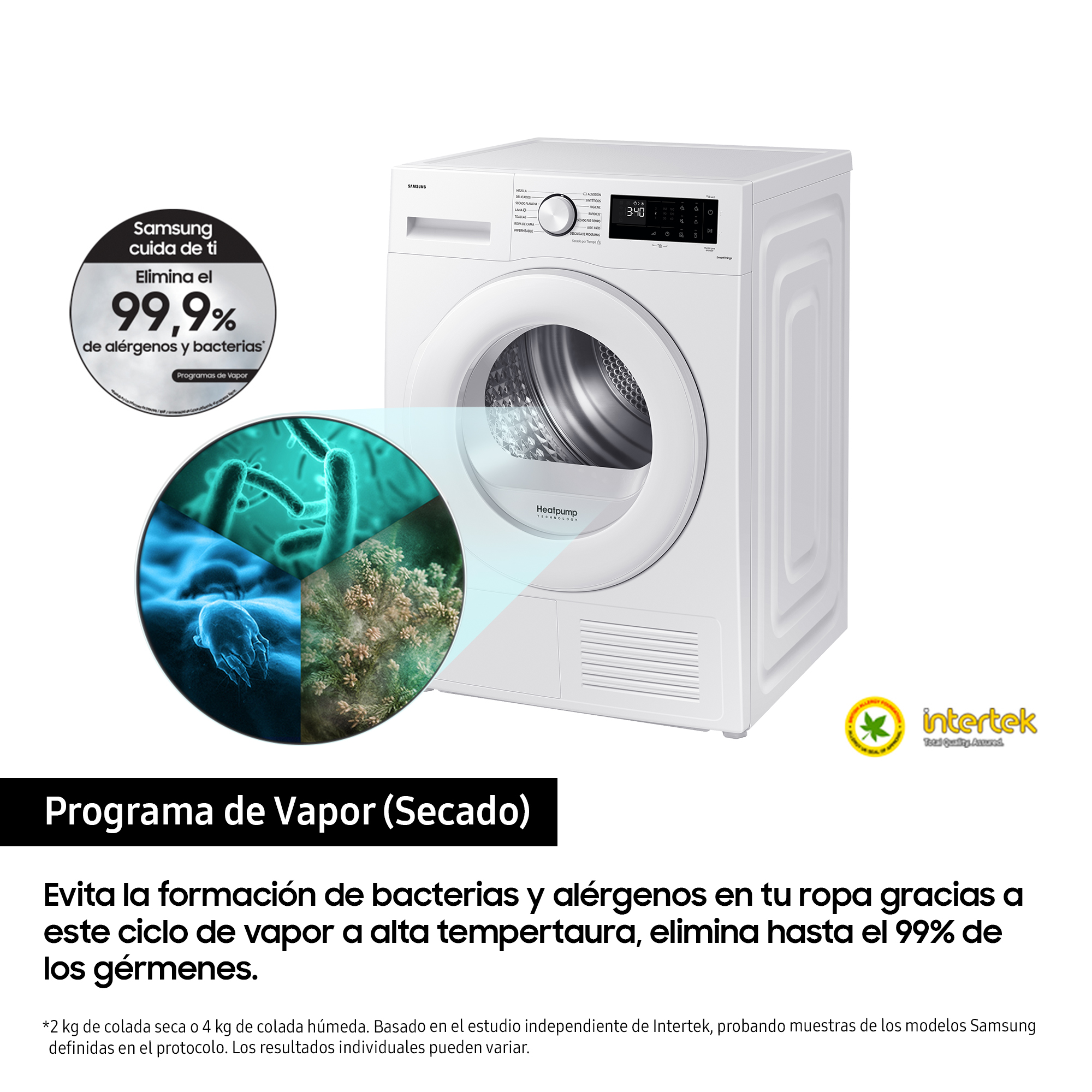 Secadora bomba de calor - Samsung DV90CGC2A0TEEC, 9 Kg, 13 programas, WiFi con SmartThings, OptimalDry, Blanco