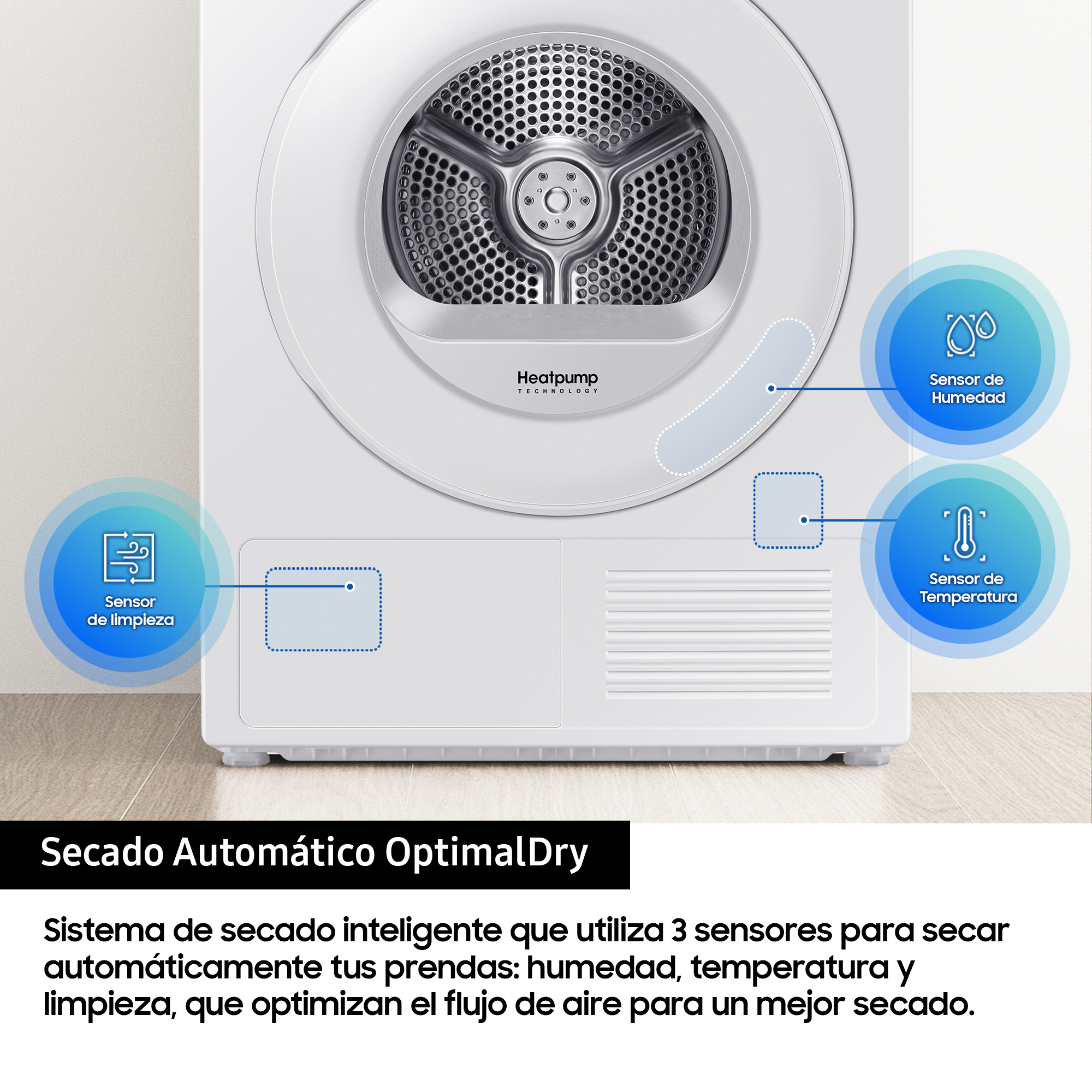 Secadora bomba de calor - Samsung DV90CGC2A0TEEC, 9 Kg, 13 programas, WiFi con SmartThings, OptimalDry, Blanco