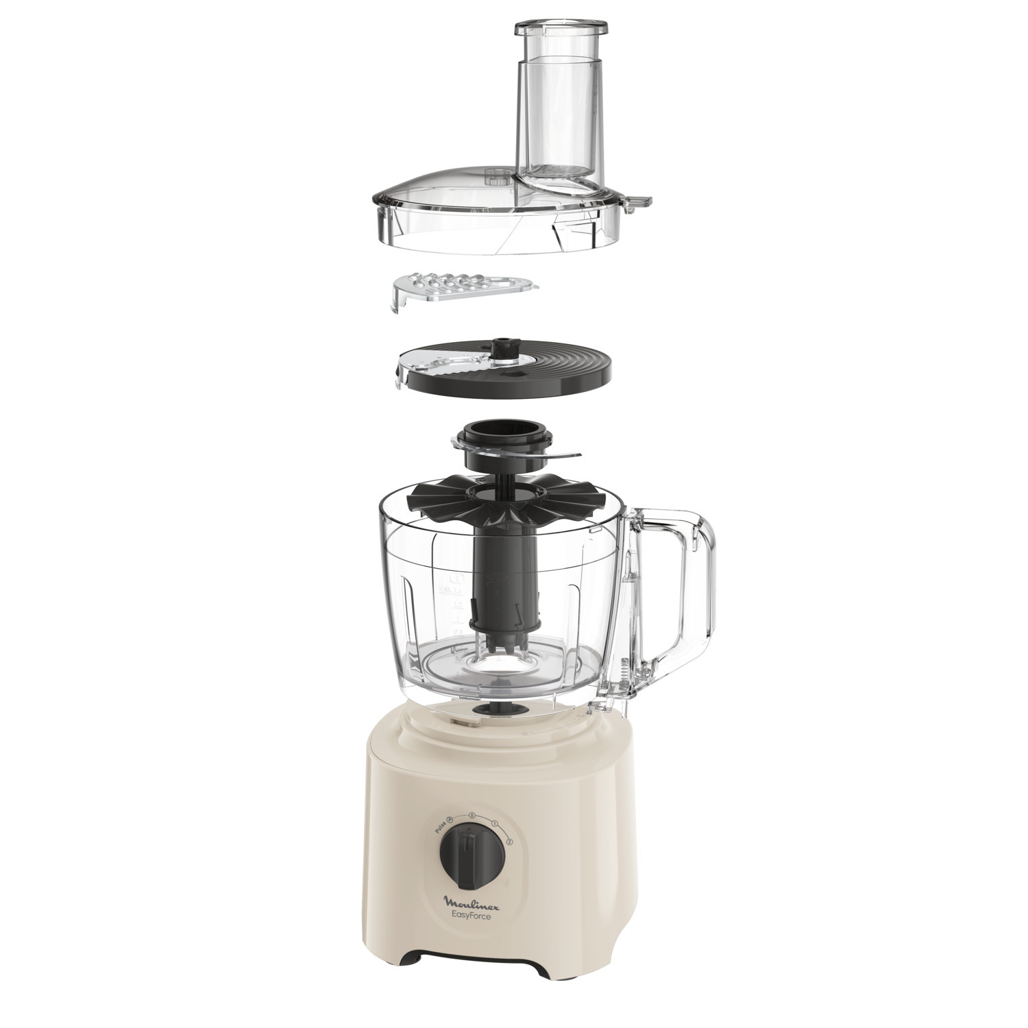 An exploded view of a food processor, showing its parts: base, bowl, blades, and lid.