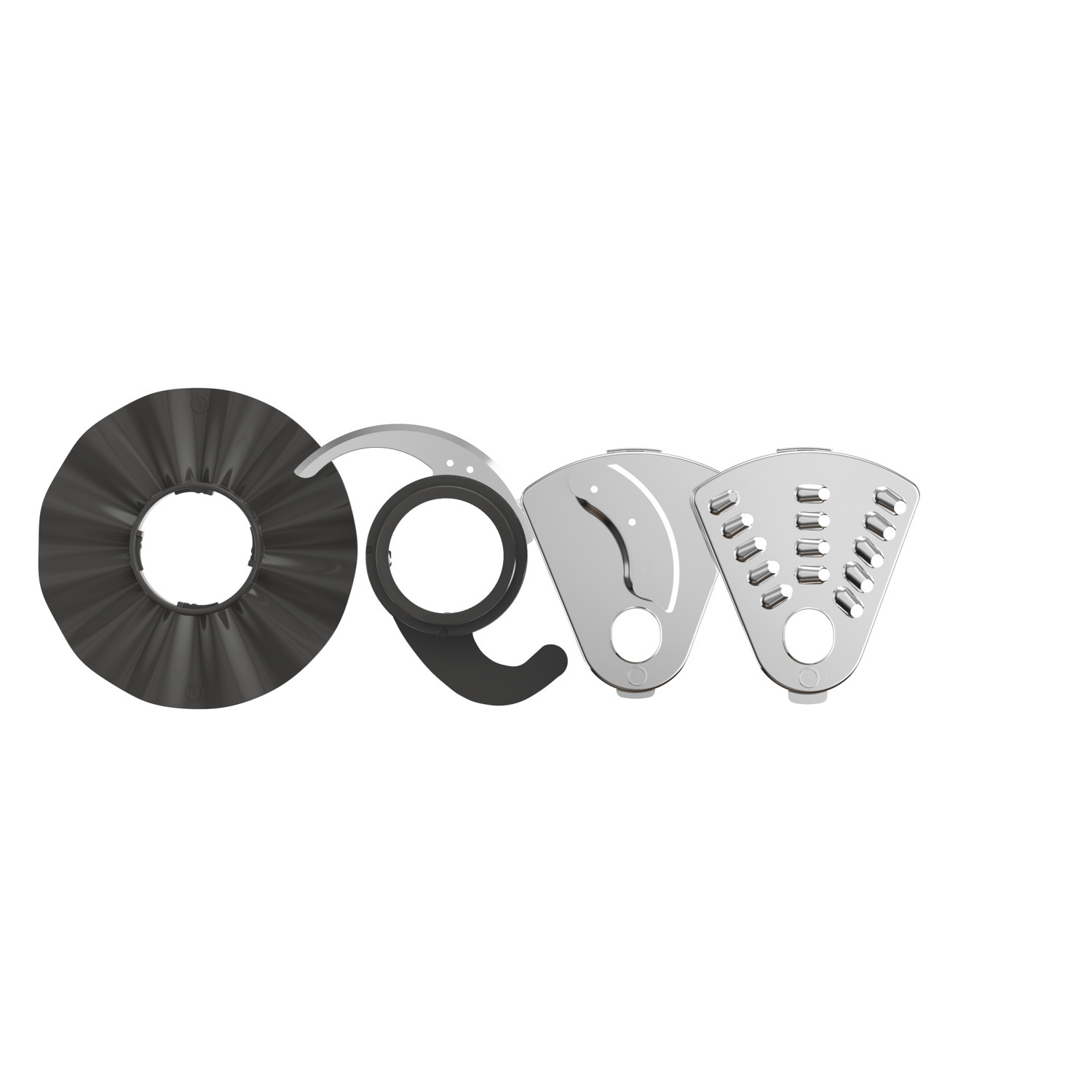 A set of kitchen appliance blades arranged on a white surface.