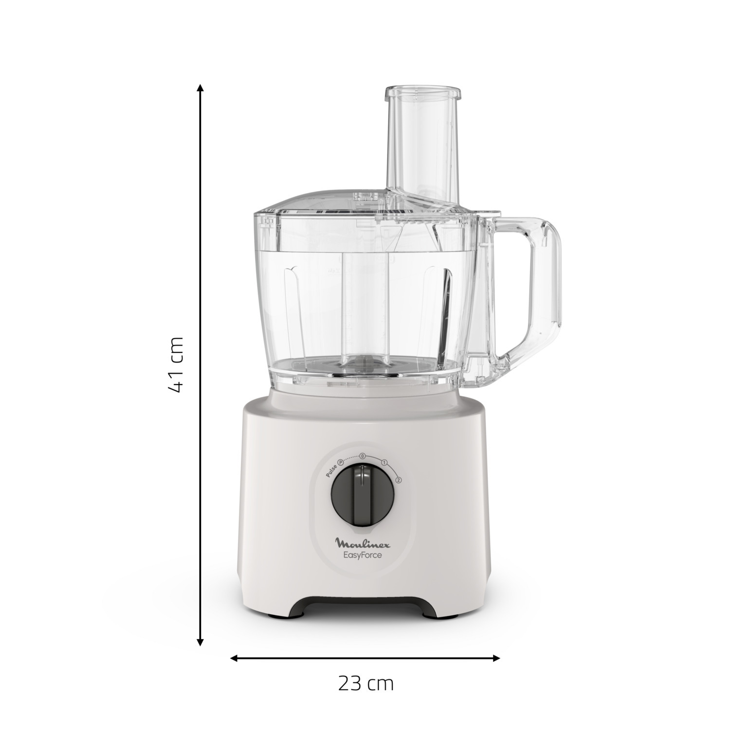 White Moulinex EasyForce food processor. It has a clear container, a handle, and a dial, with height and width marked.