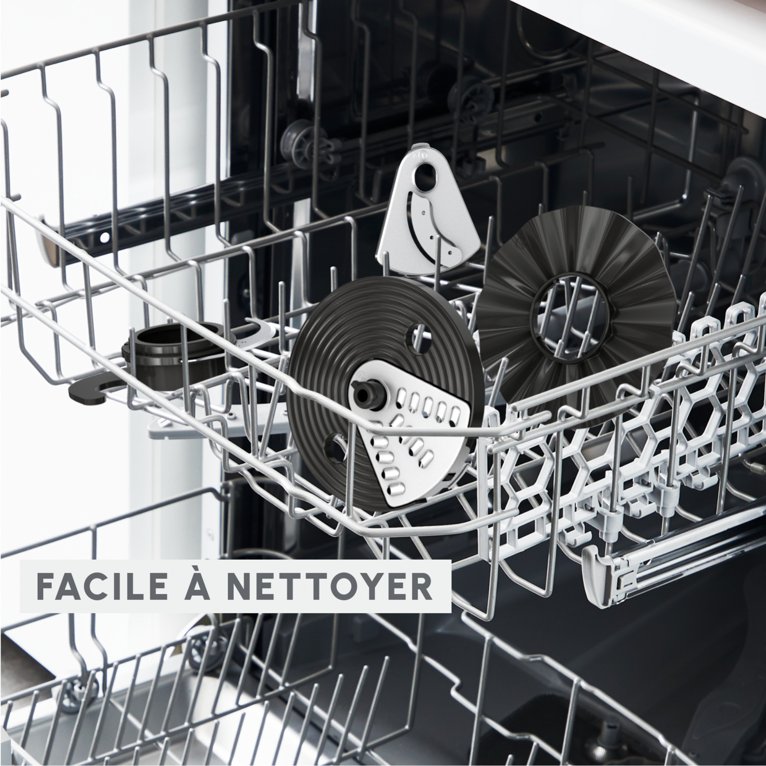 Dishwasher with cleaning parts inside: black blades and white parts. Text 'EASY TO CLEAN' is at bottom.
