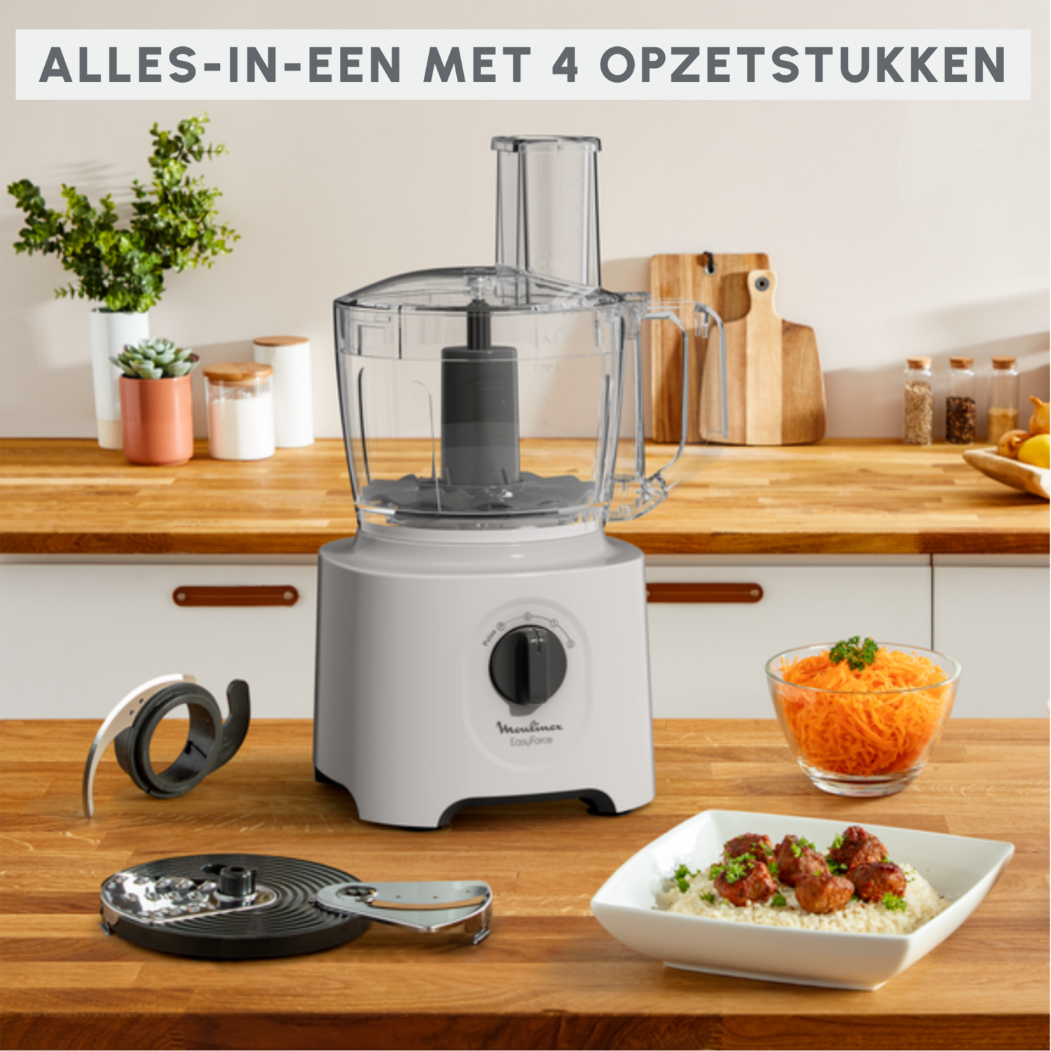 Food processor with attachments, ingredients, and wooden background.