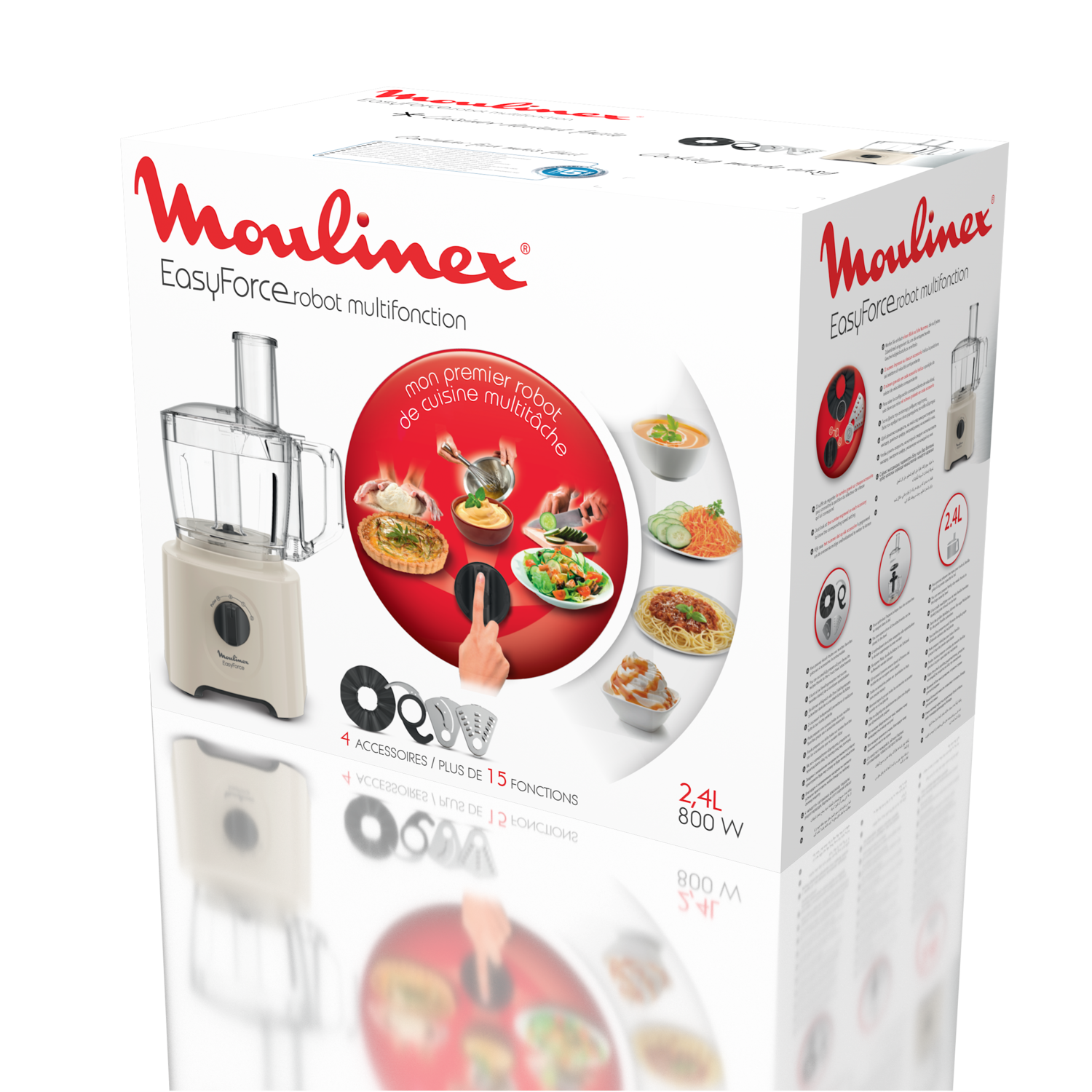 A food processor box with a machine and a variety of food images, plus 4 accessories. 
