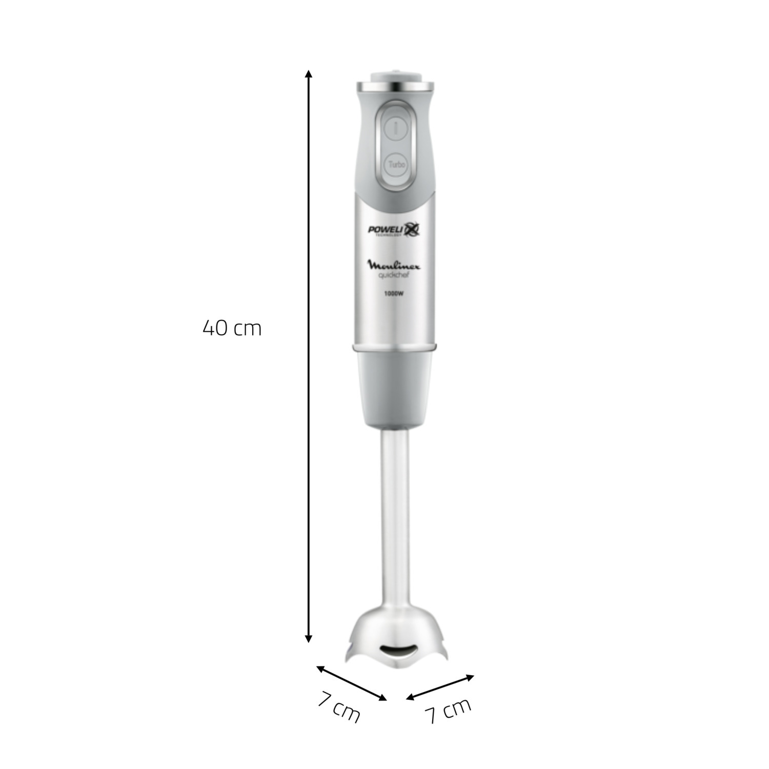 Hand blender with dimensions. It's silver and gray, with a Turbo button. The blade is at the bottom.