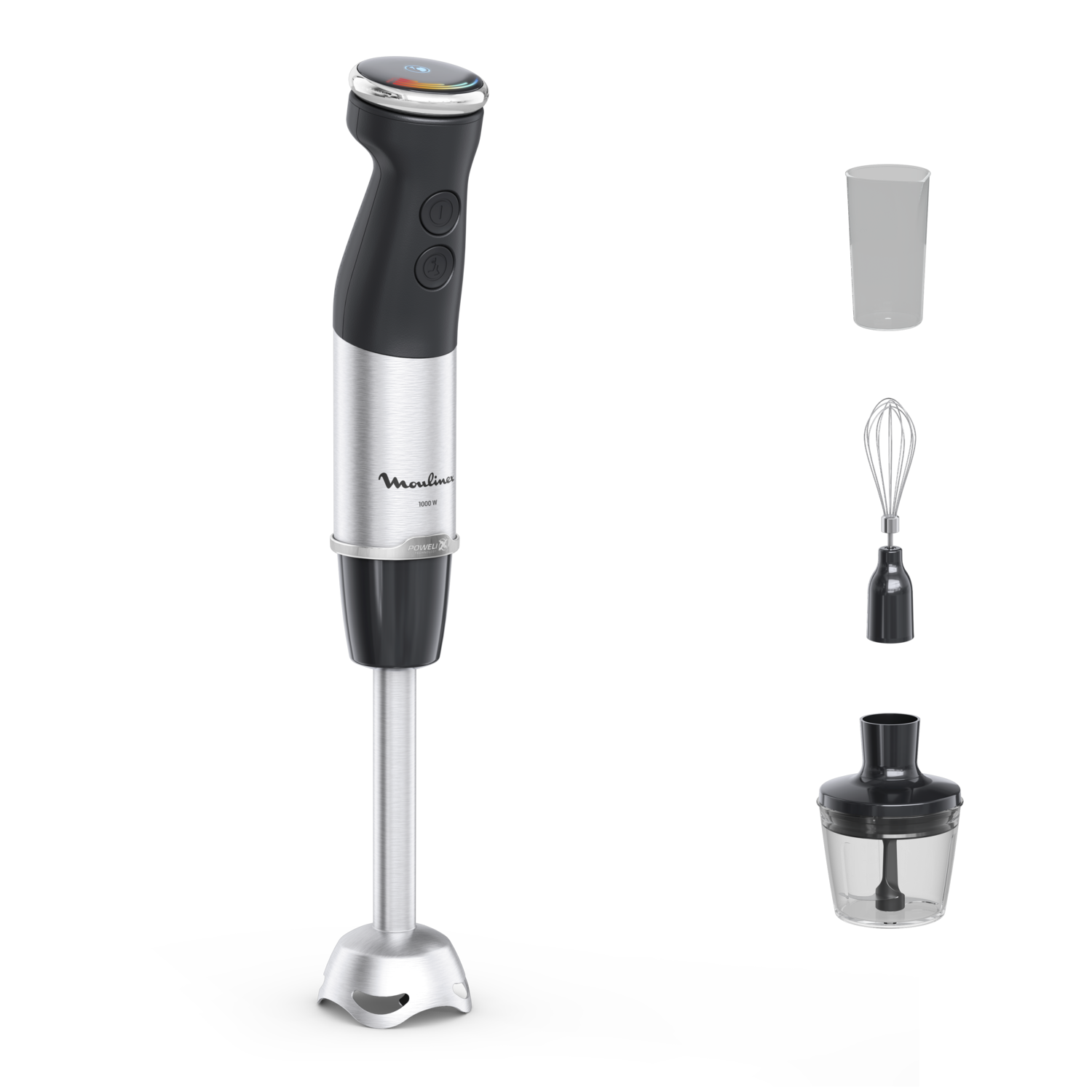 Zilveren en zwarte Moulinex staafmixer met accessoires: beker, garde en hakmolen.