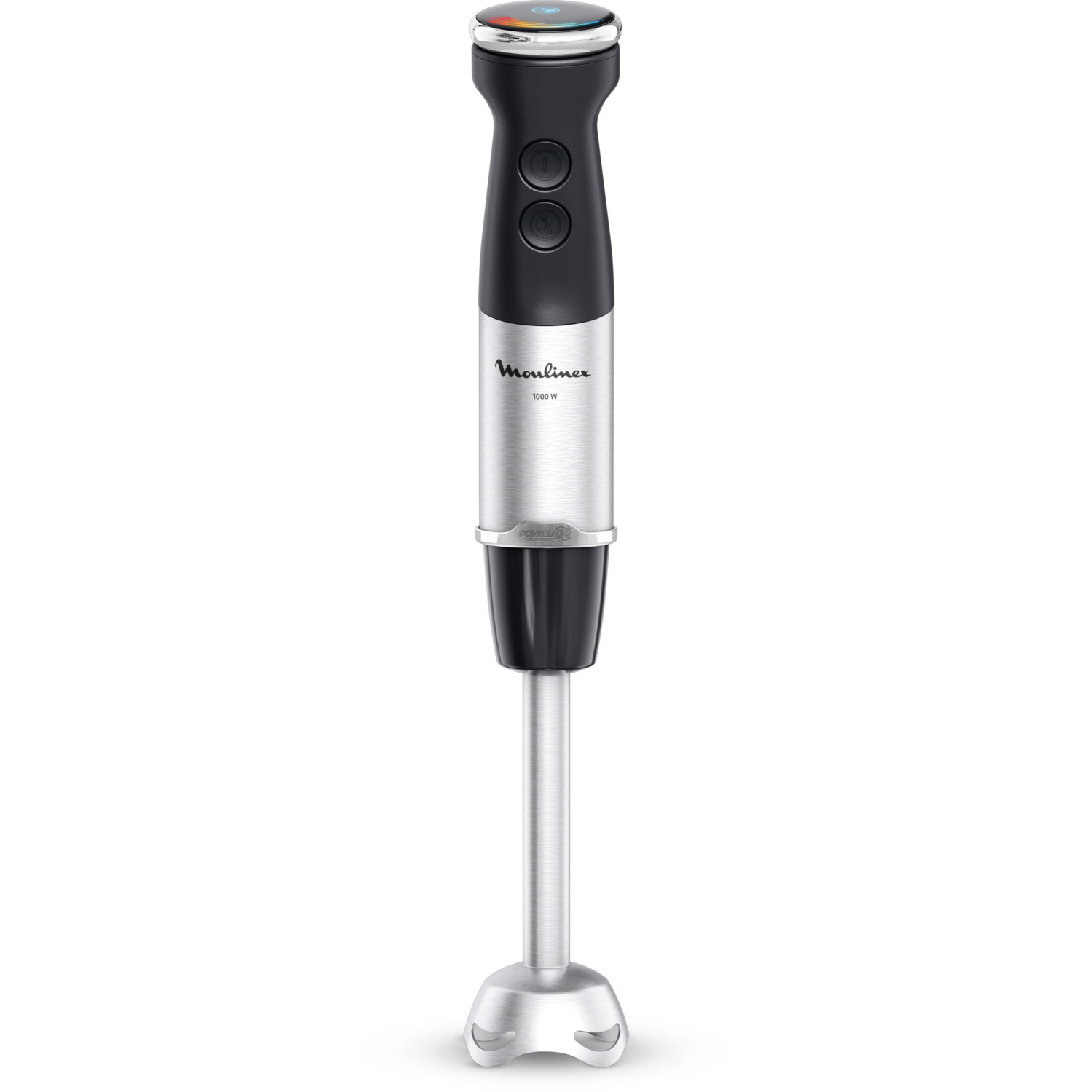 Zilver-zwarte staafmixer, met een roestvrijstalen mengkop.