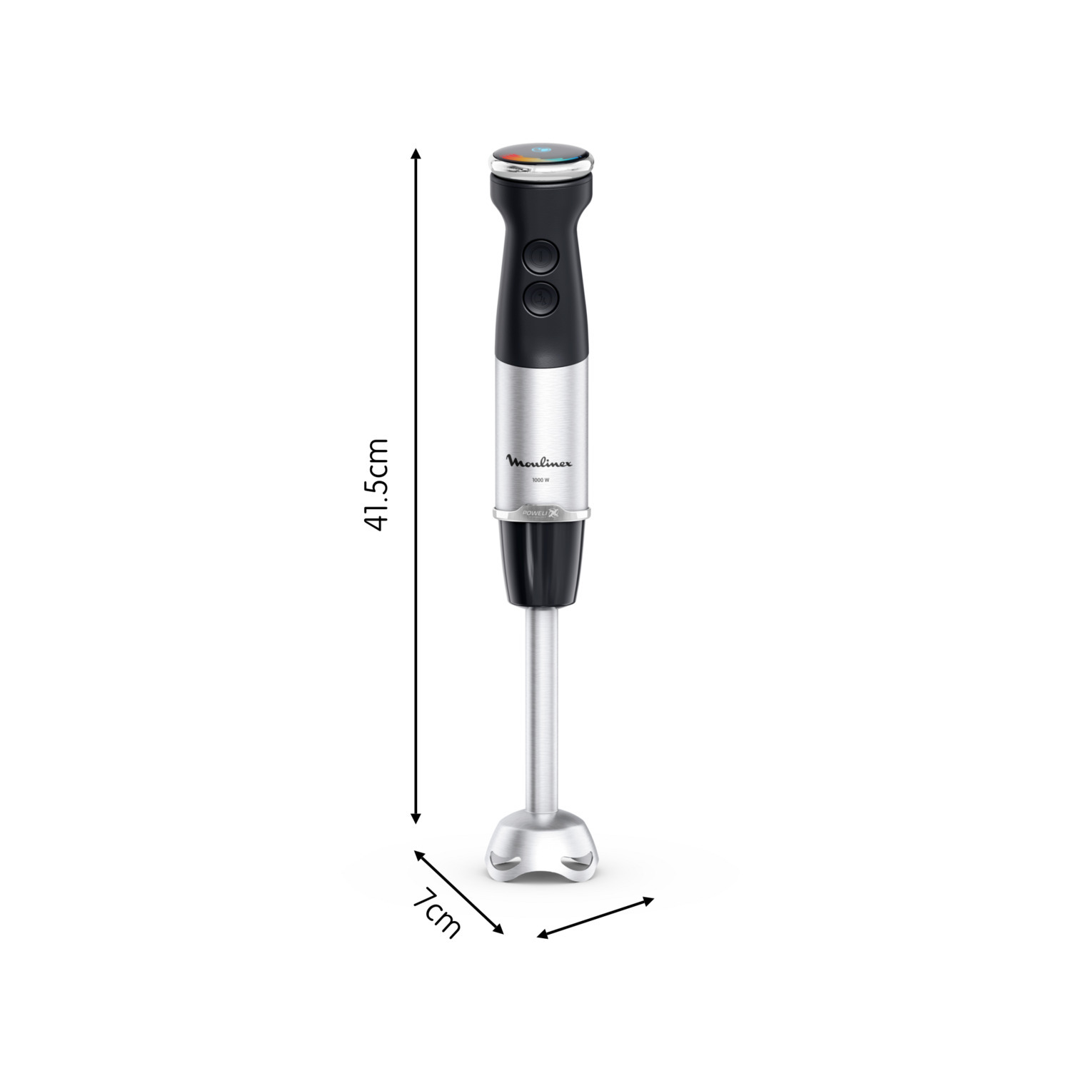 Een staafmixer in zilver en zwart met afmetingen. De achtergrond is wit.
