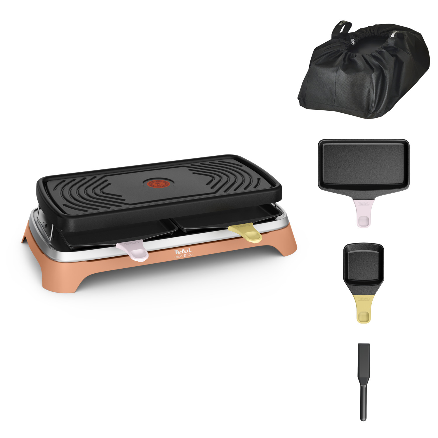 Tefal raclette grill with accessories, including pans and a black carrying bag.