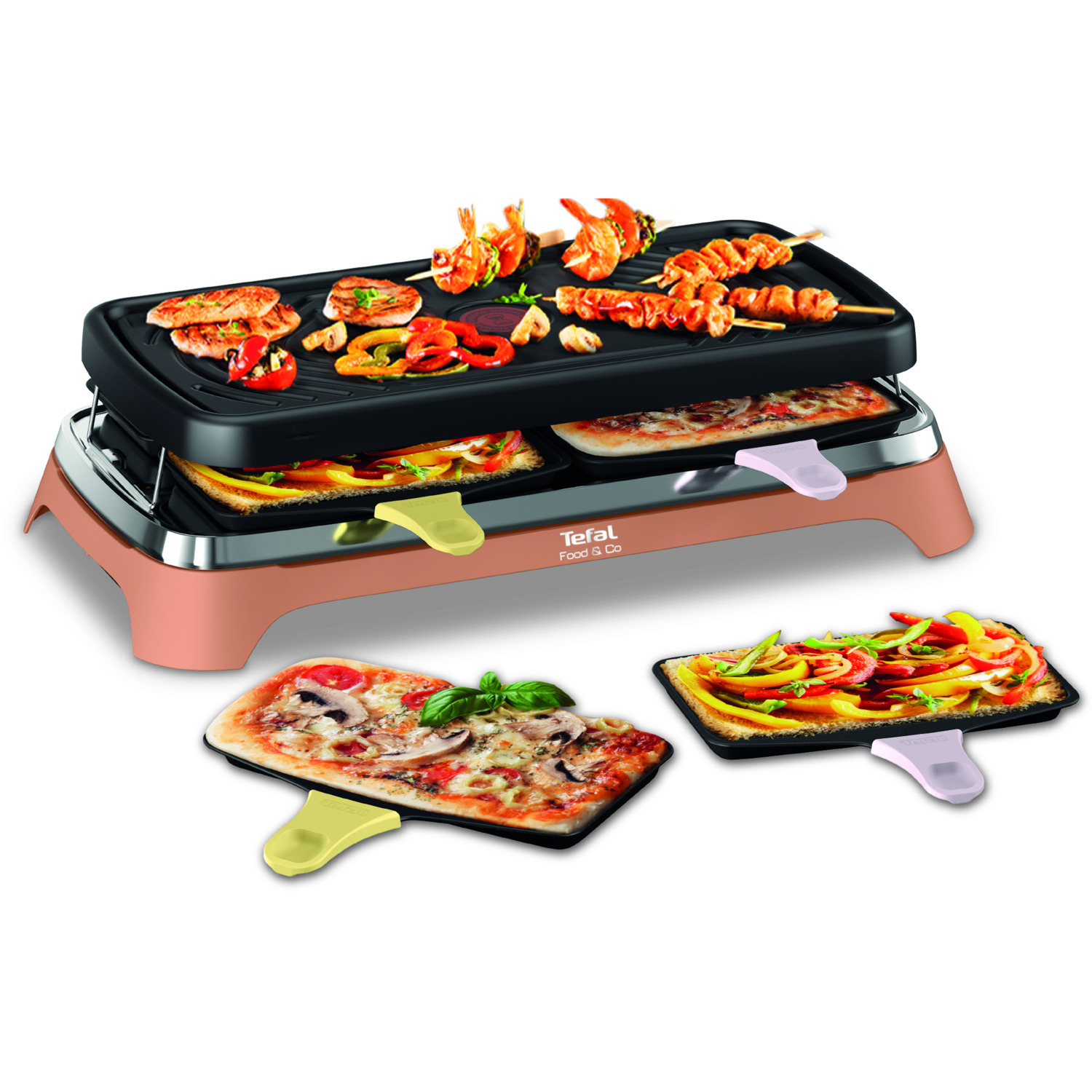 Tefal grill with food. Skewers, pizza and vegetables are being grilled.