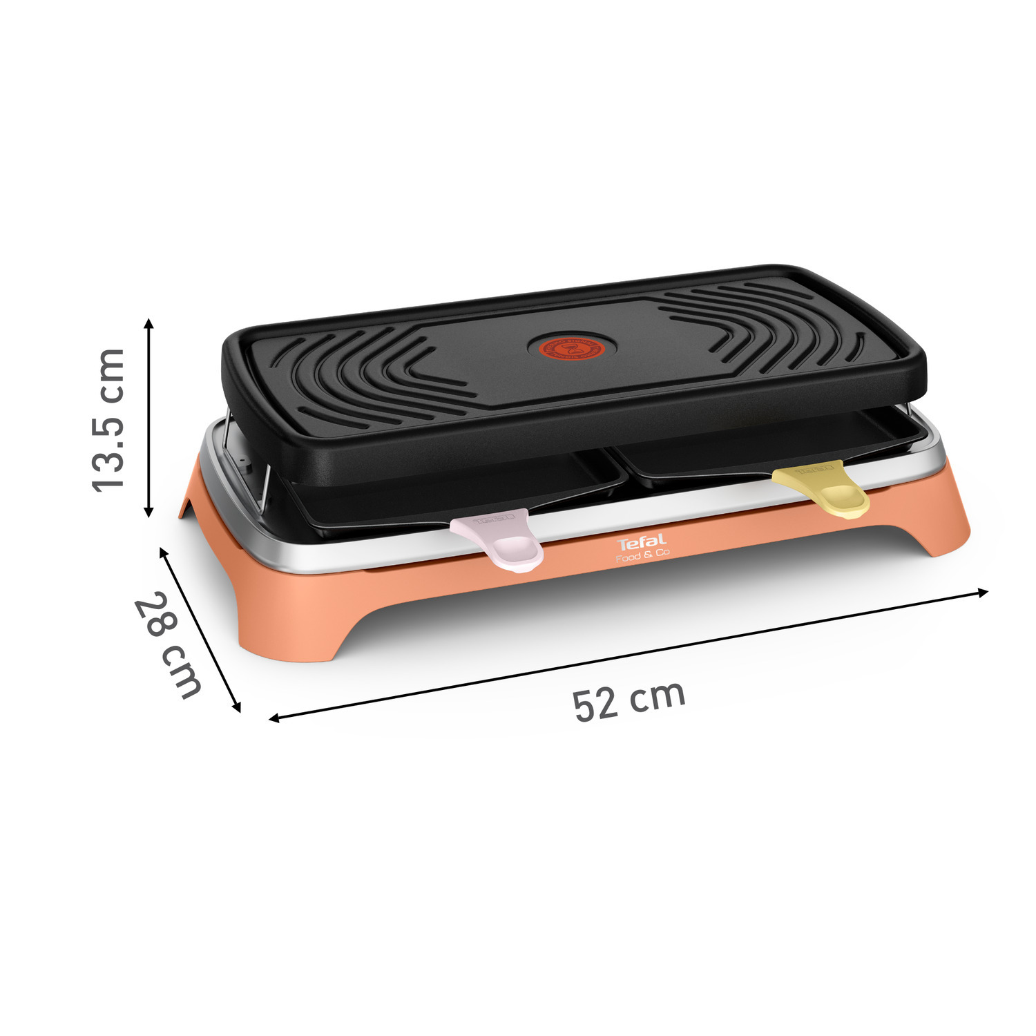 Pink and silver grill with dimensions labeled in cm, on a white background.