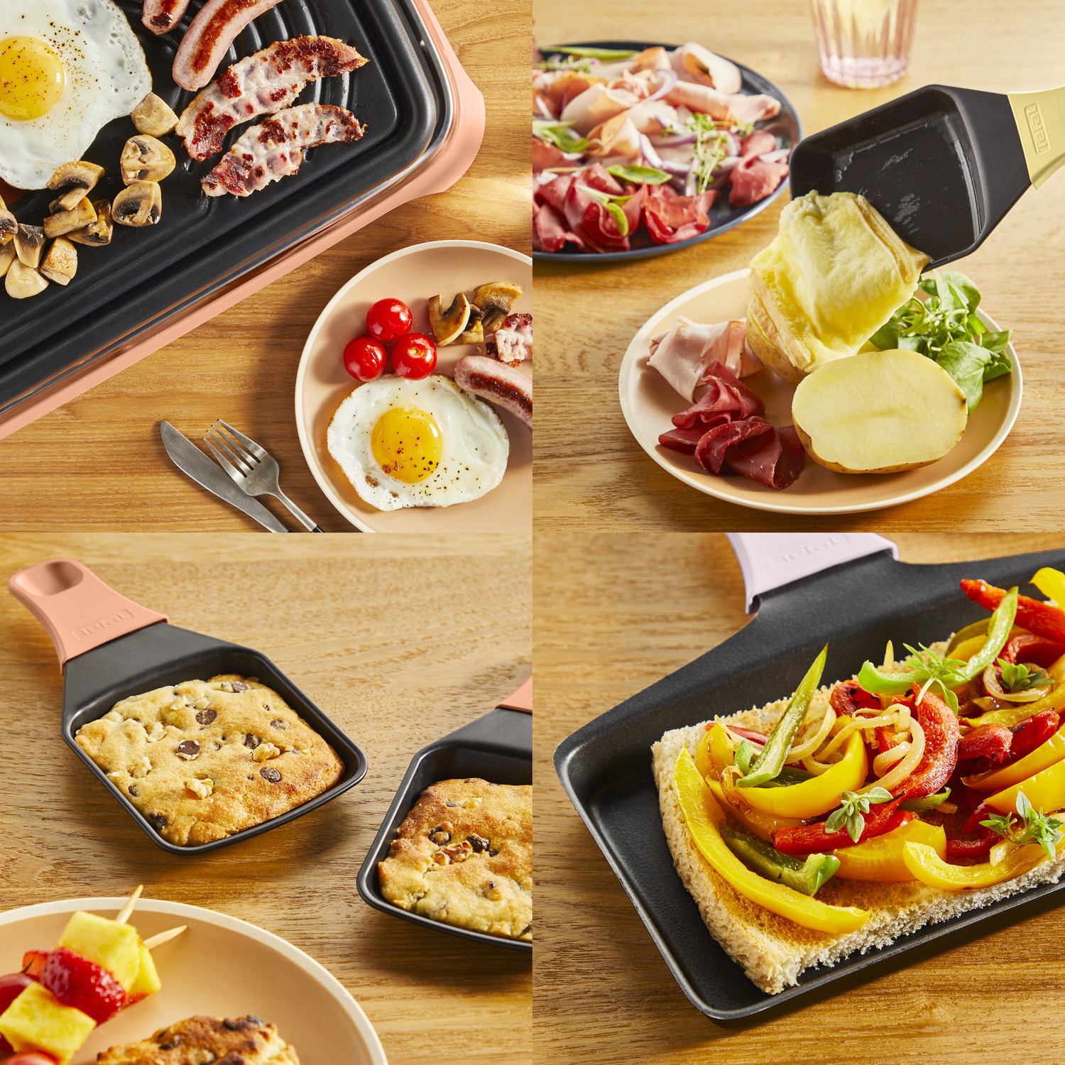 Multiple dishes with food, including eggs, sausages, cookies, cheese, and veggies.