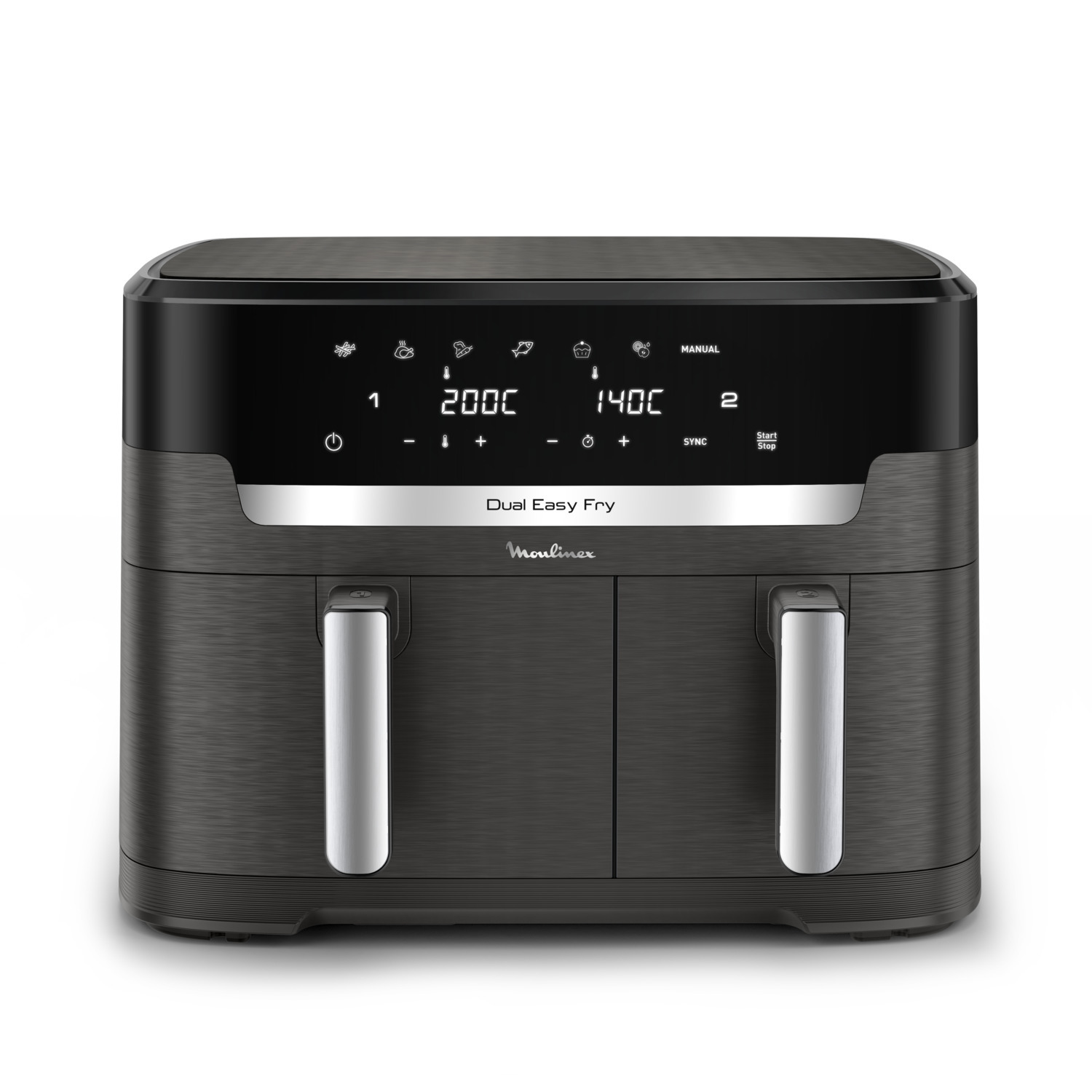 Dual Easy Fry airfryer met handgrepen en digitaal display. Zwart-zilver kleurenschema.
