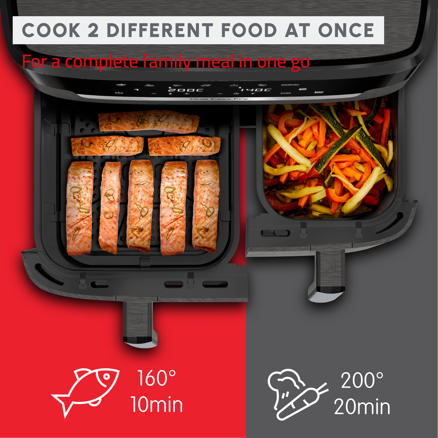 Airfryer met zalm en groenten. Tekst: Kook 2 verschillende gerechten tegelijk voor een complete familiediner.