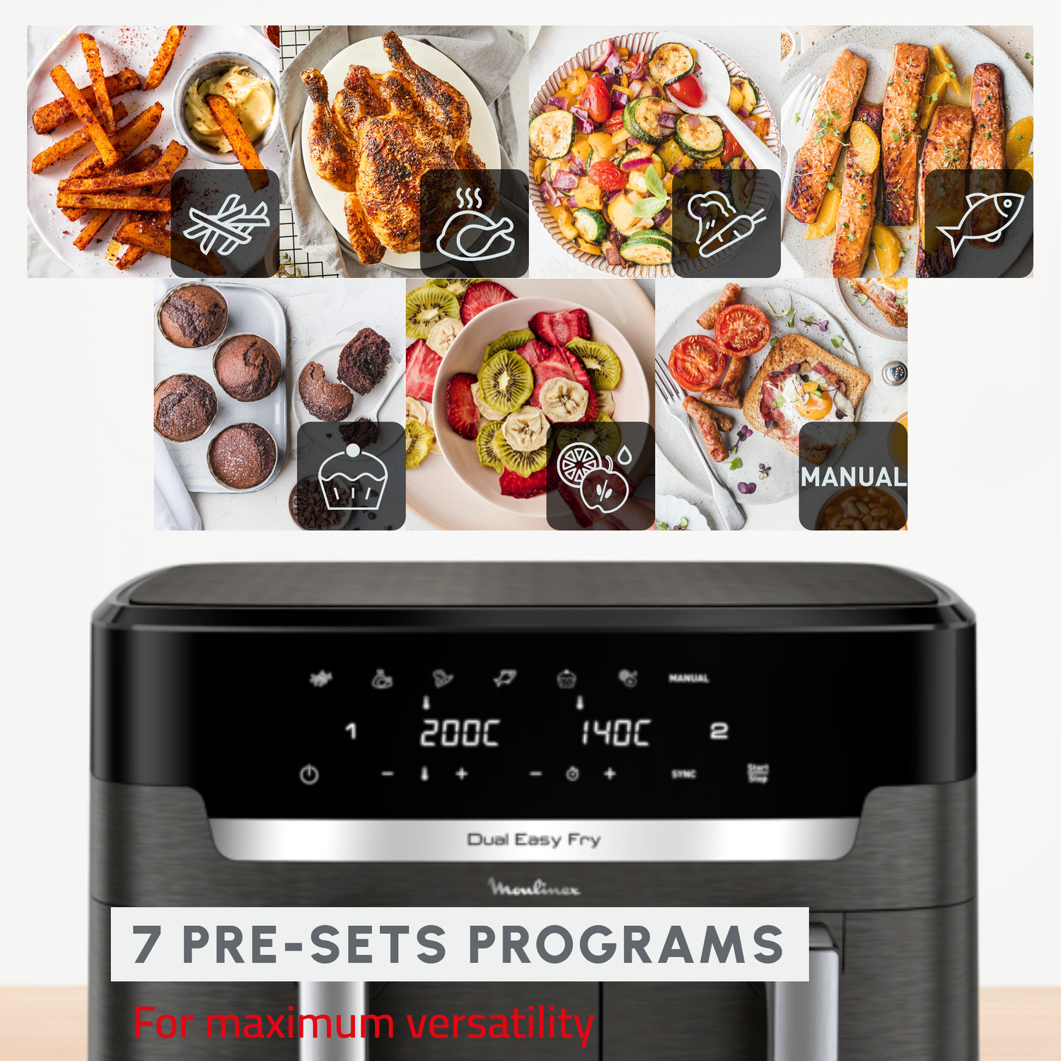 Een airfryer met een display, omringd door pictogrammen van verschillende voedselbereidingsmethoden.