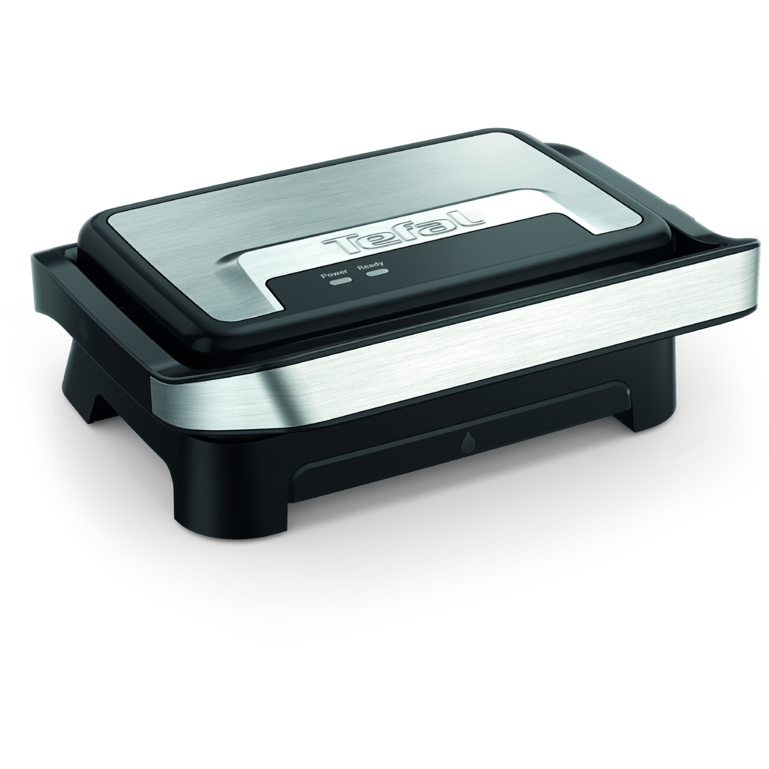 Een zwarte en zilveren Tefal grill, bovenaanzicht, op een witte achtergrond.