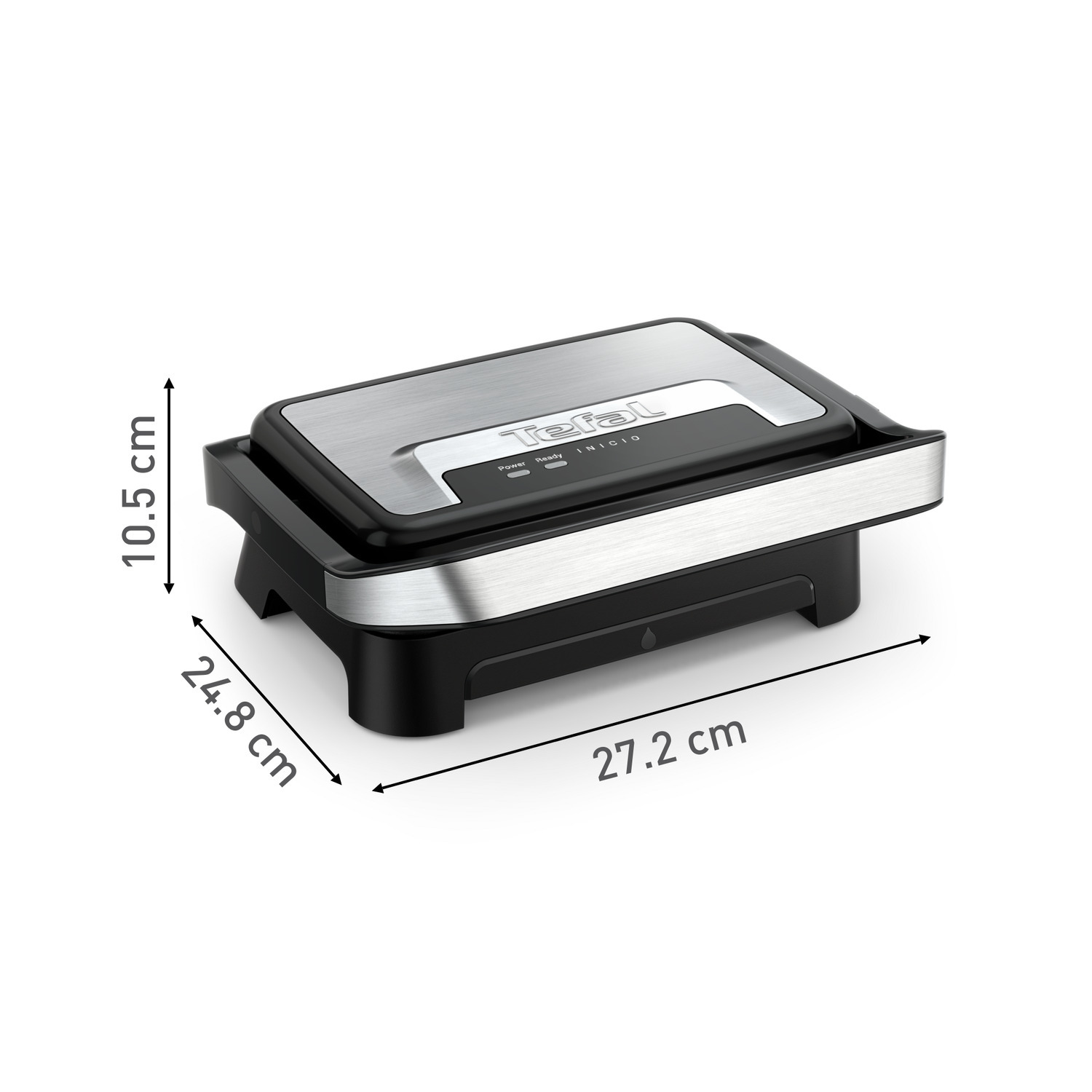 Zwarte en zilveren Tefal OptiGrill met afmetingen: 27,2 cm lang, 24,8 cm breed en 10,5 cm hoog.