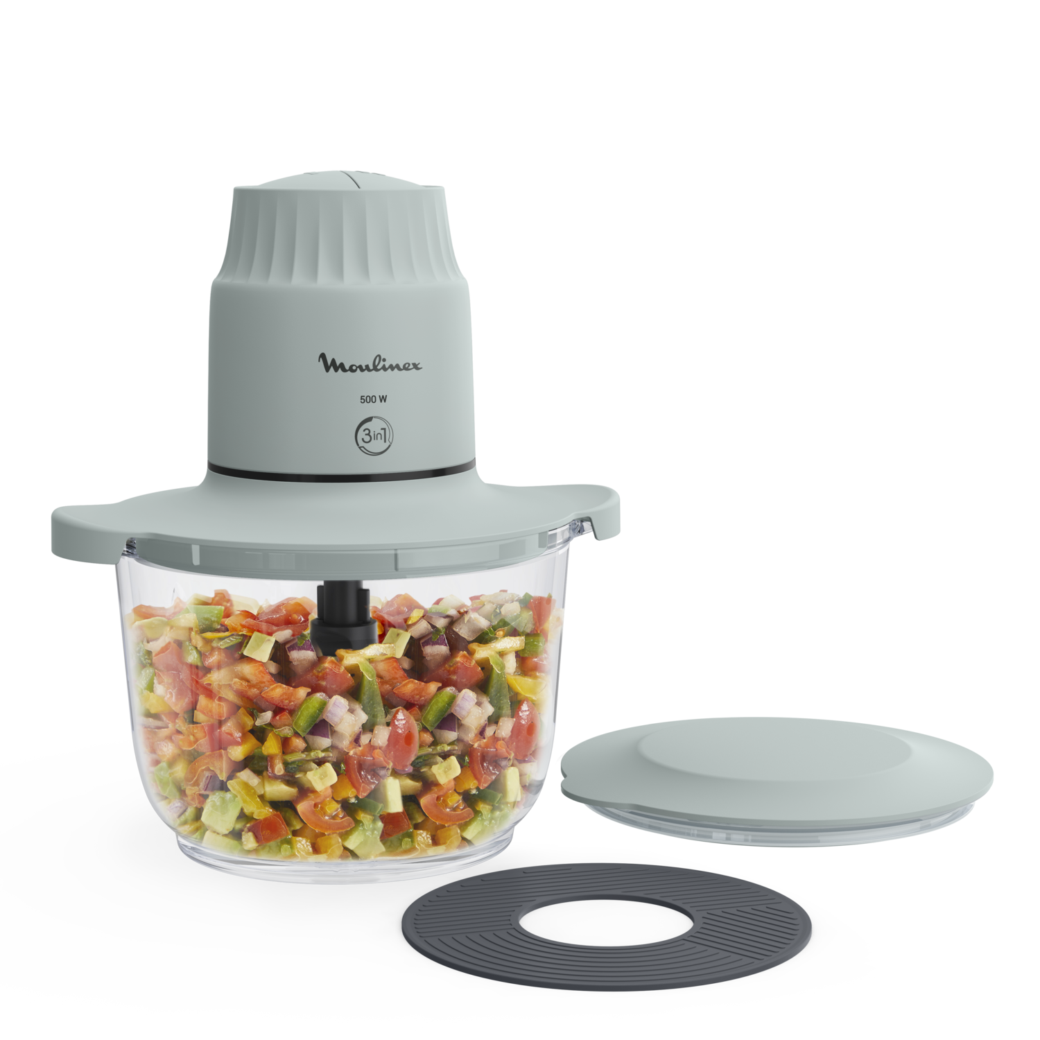 Robot culinaire Moulinex avec légumes mélangés à l'intérieur. Couvercle gris et un anneau en silicone séparé. Fonction 3-en-1.