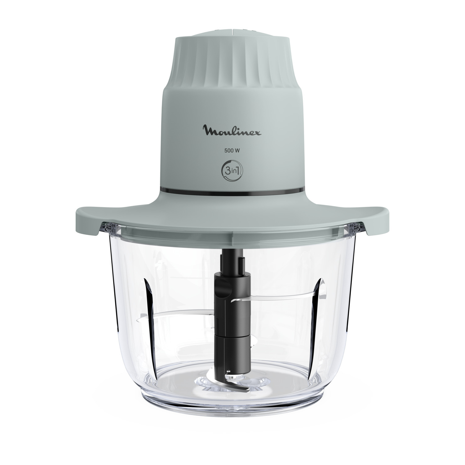 Robot culinaire Moulinex sur fond blanc. Vert clair et bol transparent.