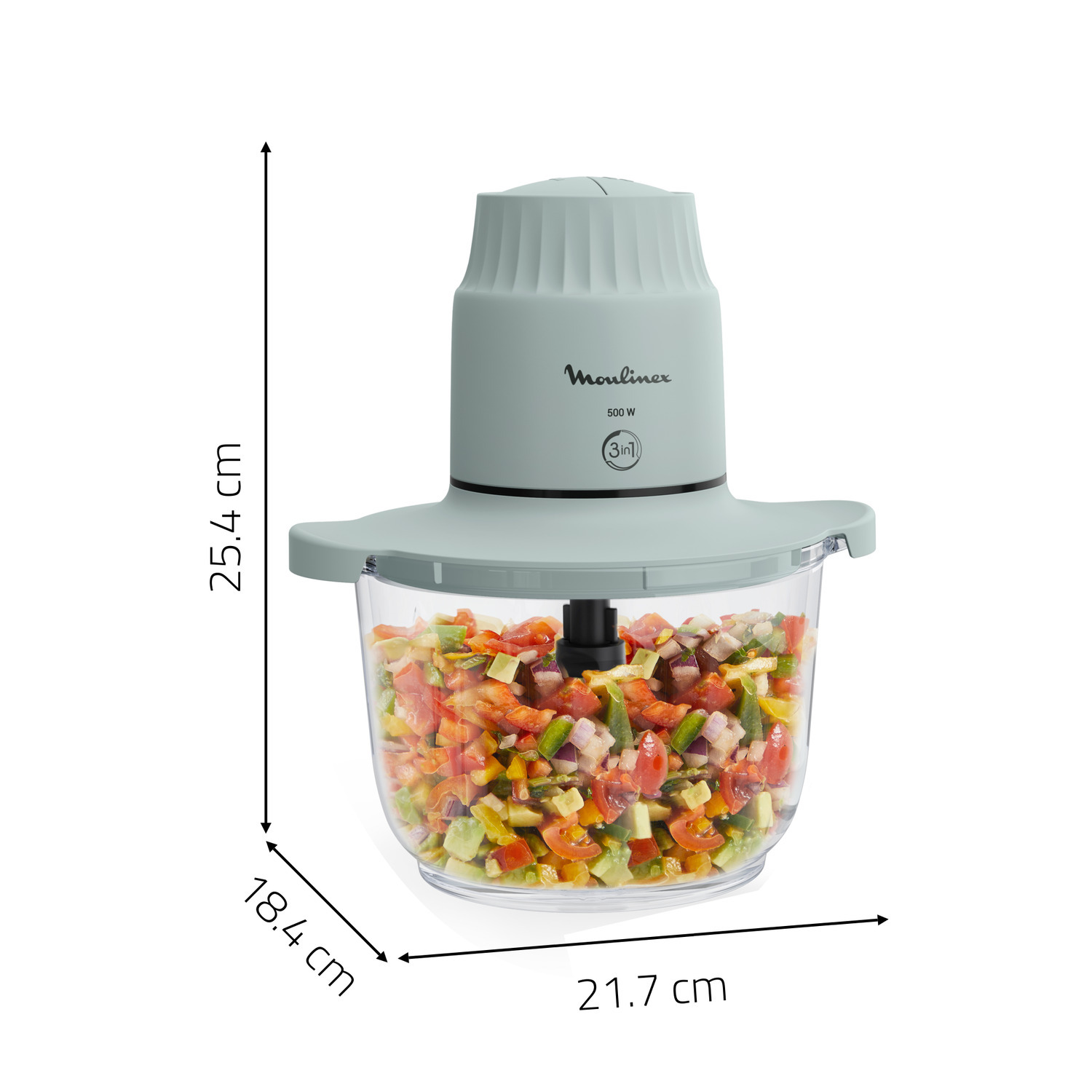Robot culinaire avec légumes hachés, dimensions affichées.
