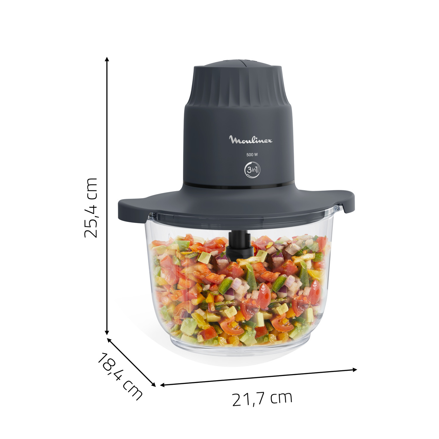Donkergrijze Moulinex-keukenmachine met een glazen kom vol gehakte groenten.