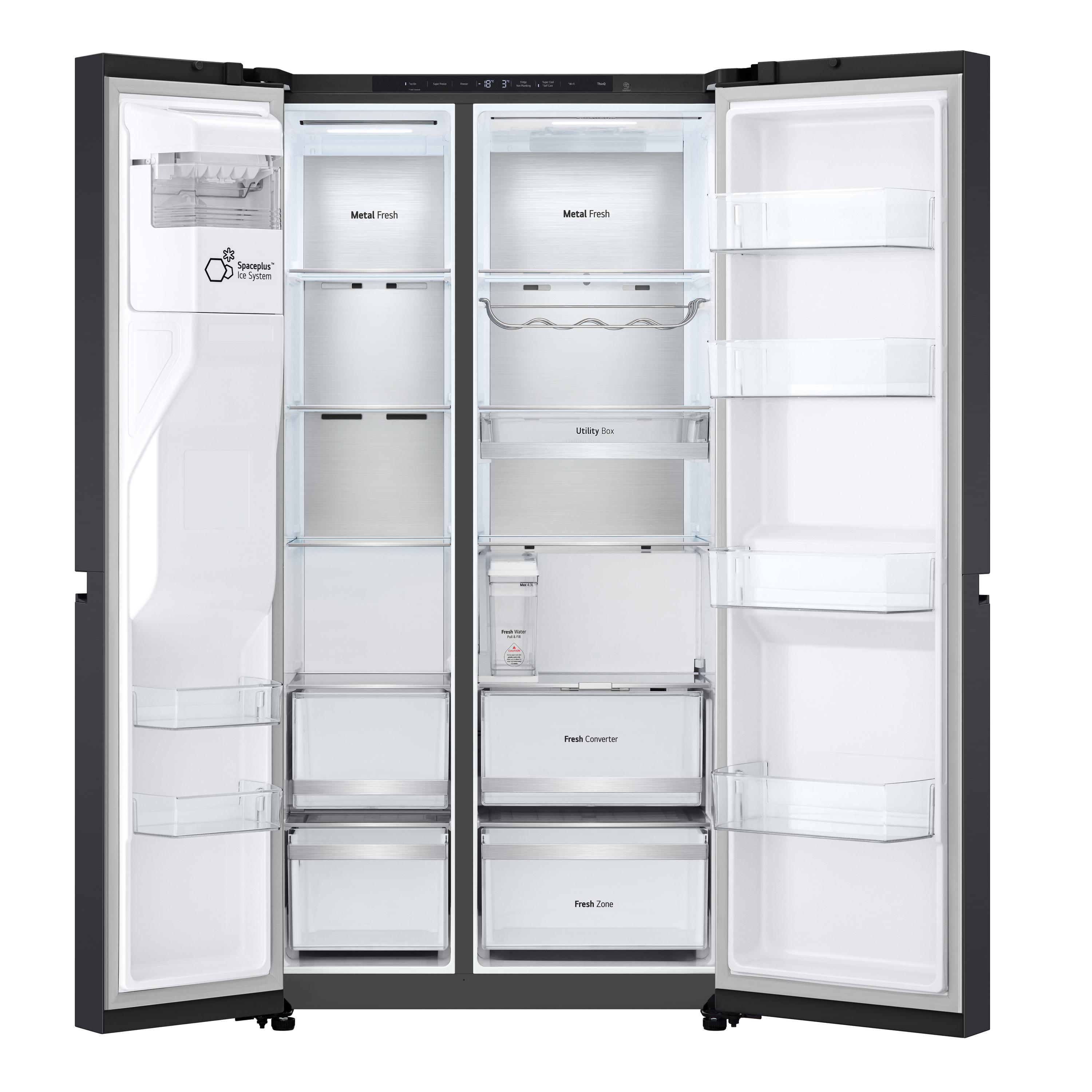 Kühlschrank mit geöffneten Türen, Innenraum sichtbar. Regale, Schubladen und Inhalt.