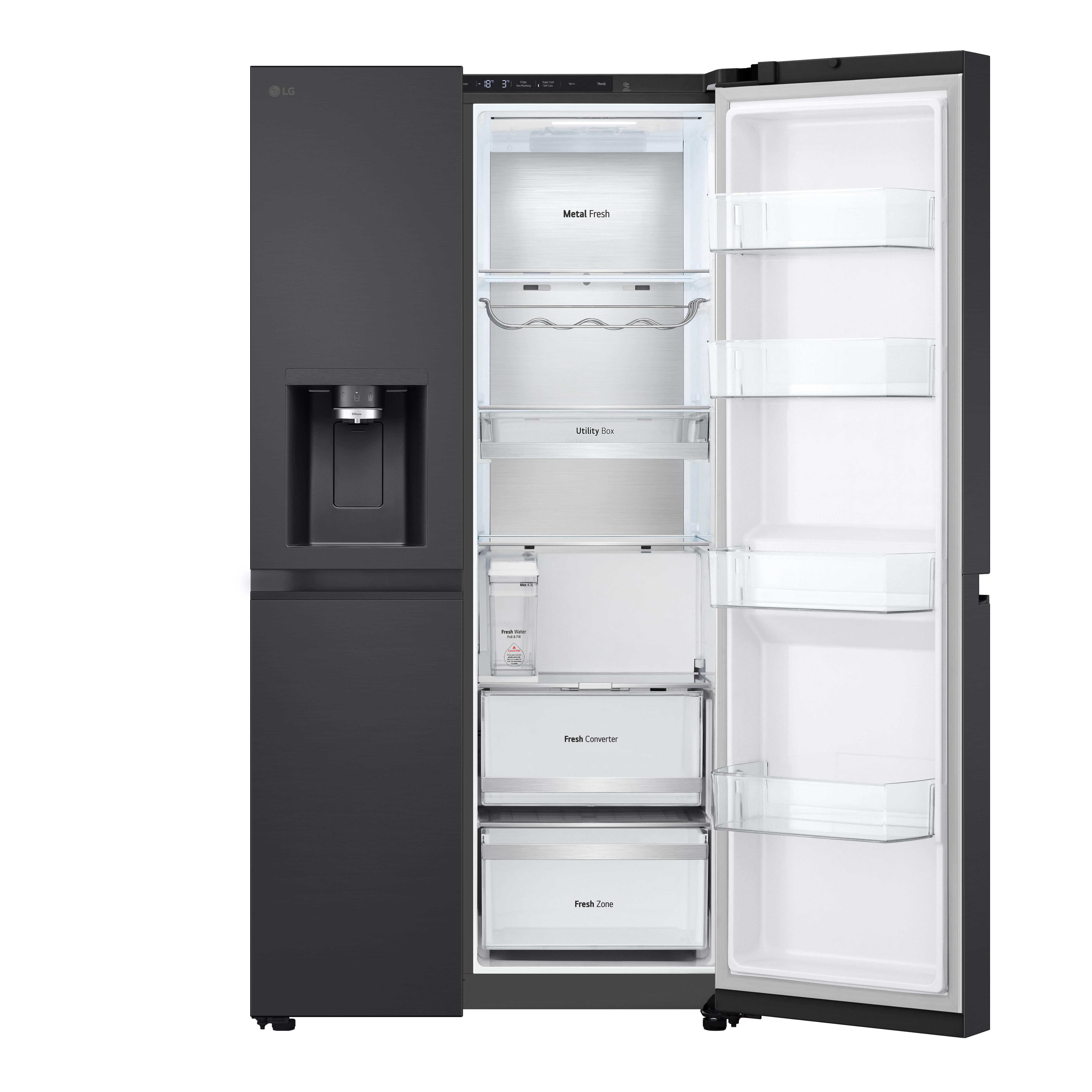LG Kühlschrank mit offener Tür. Innenraum hat mehrere Regale und Schubladen.