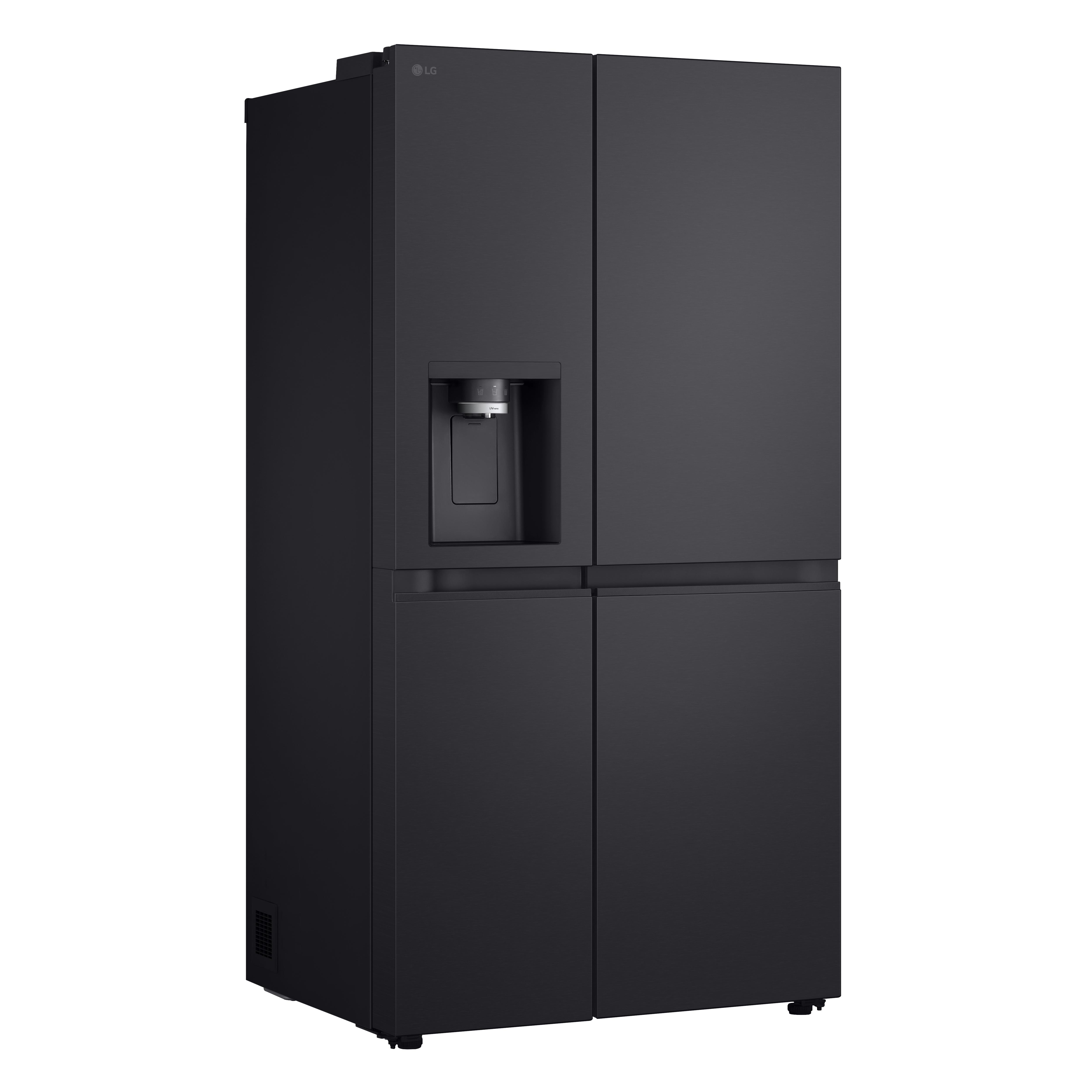 Schwarzer Kühlschrank mit vier Türen, Wasserspender und schwarzem Äußeren.