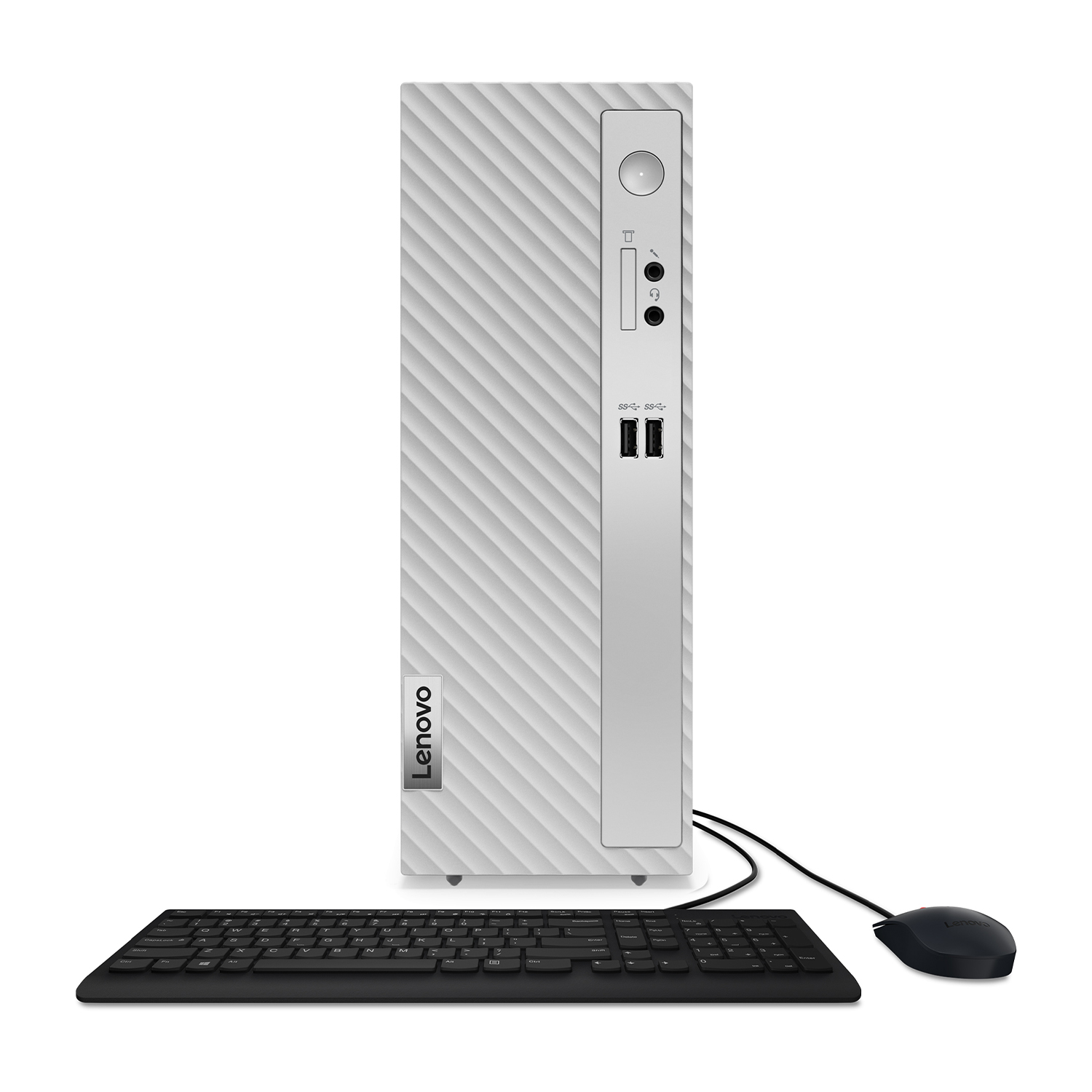 Un computer desktop Lenovo bianco con tastiera e mouse neri.