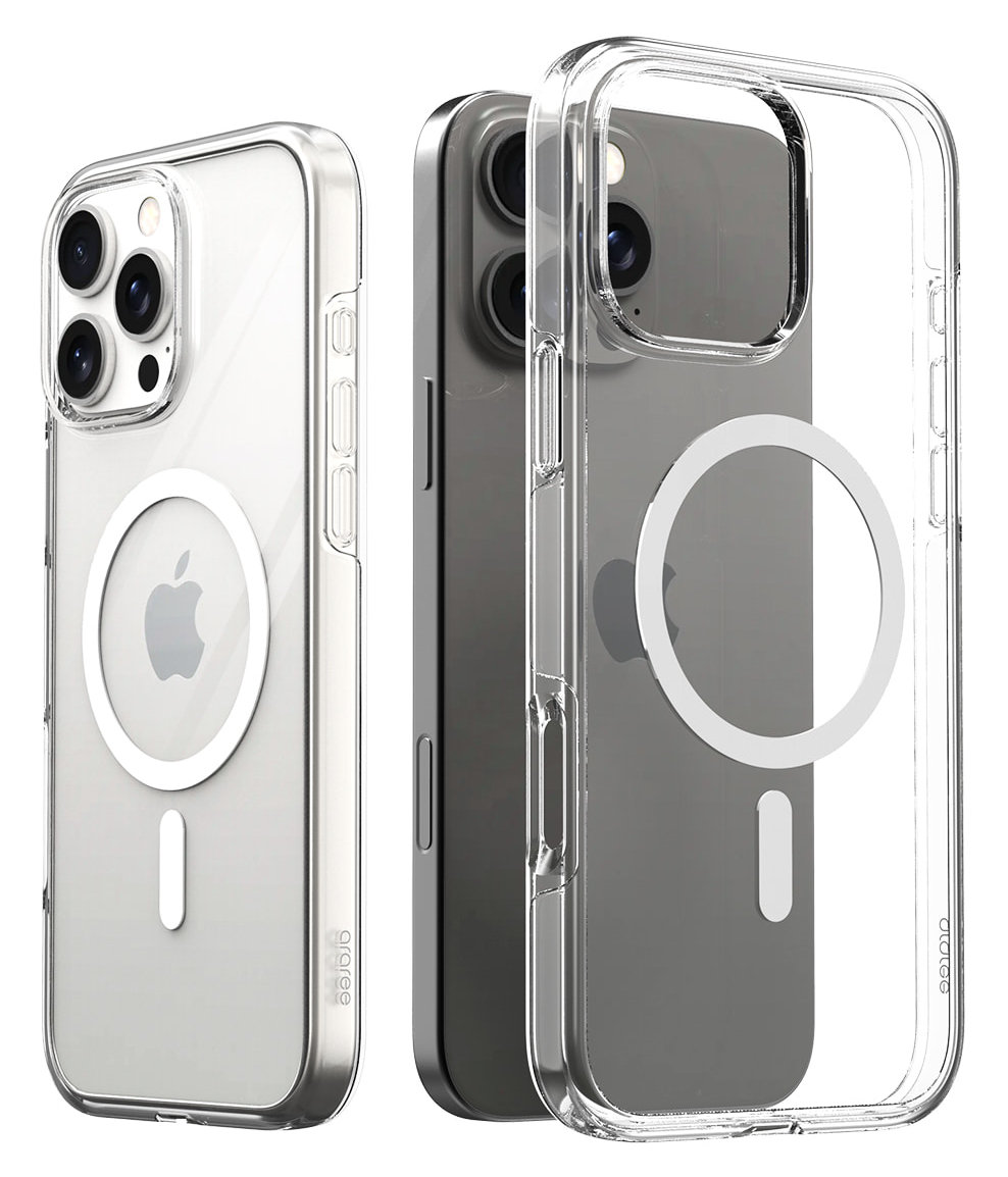 Trzy przezroczyste etui na iPhone'a z różnych perspektyw, pokazujące tył telefonu.