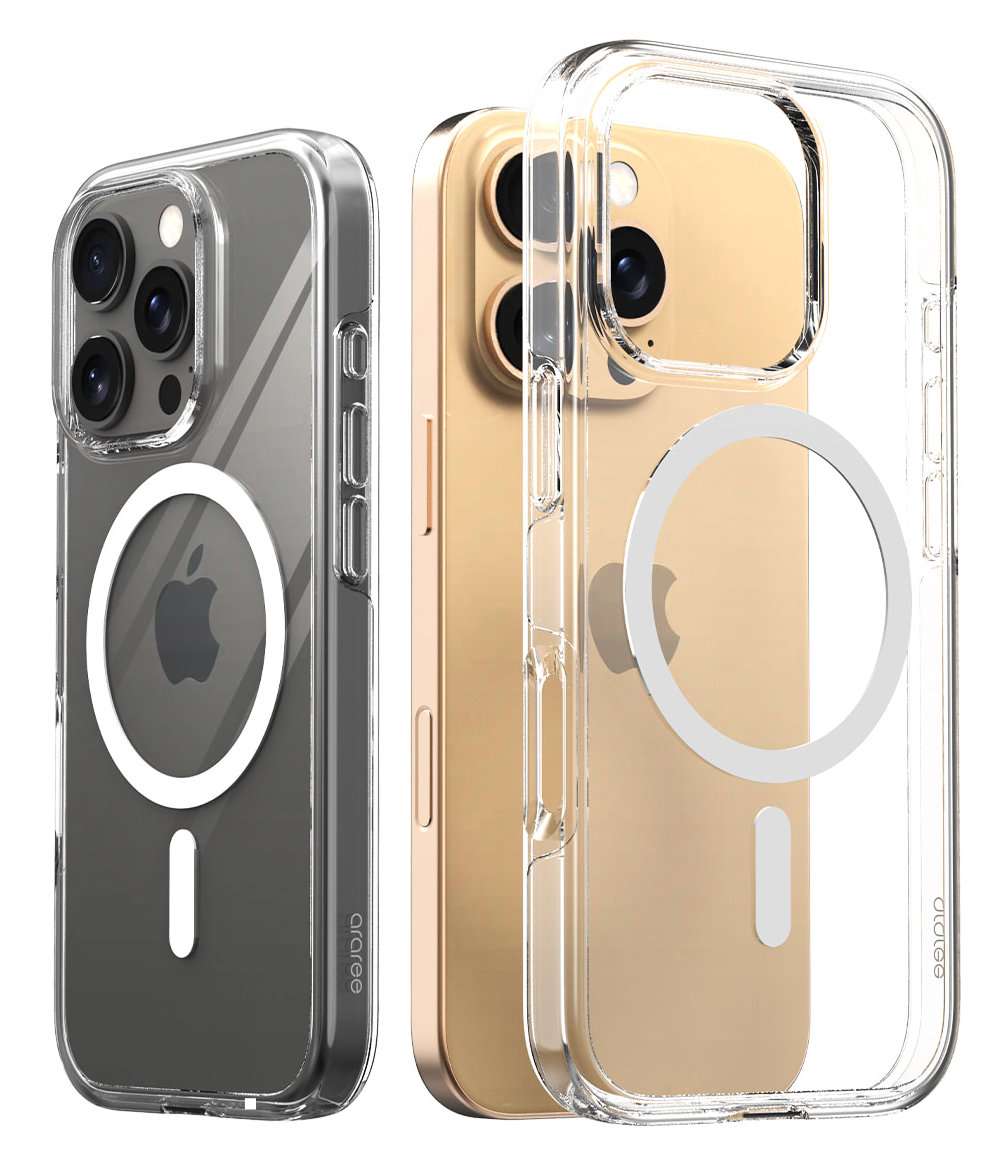 Dwa etui na iPhone, jedno szare i jedno złote, z przezroczystą osłoną ochronną.