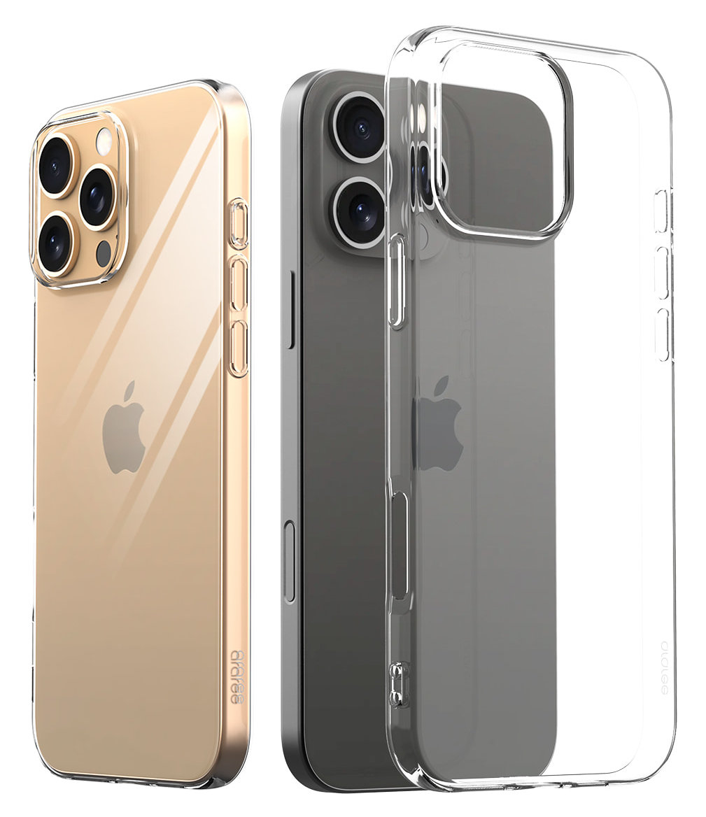 Dwa iPhone'y, jeden złoty, jeden szary i przezroczyste etui.