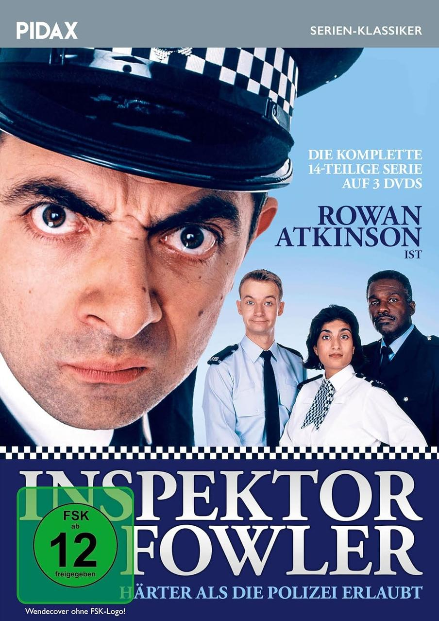 DVD-Cover von Inspector Fowler. Rowan Atkinson ist mit drei anderen Polizisten auf dem Cover.