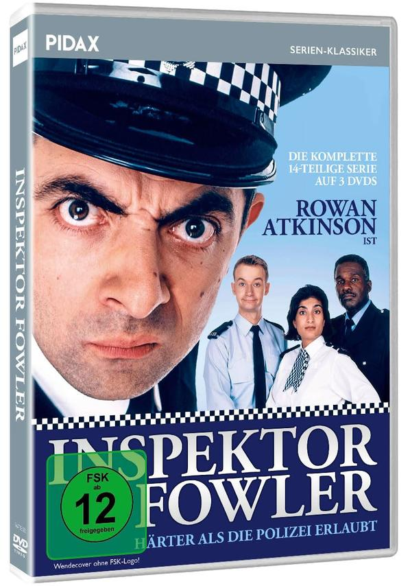 DVD-Cover für 'Inspektor Fowler' mit Rowan Atkinson und anderen Schauspielern in Polizeiuniformen.