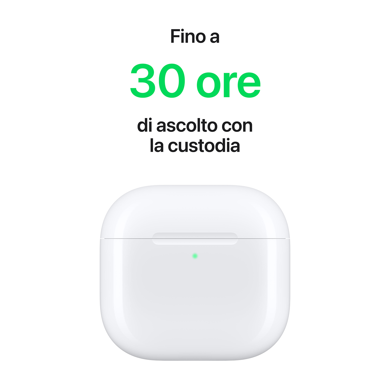 Custodia AirPods bianca con testo: 'Fino a 30 ore di ascolto'.