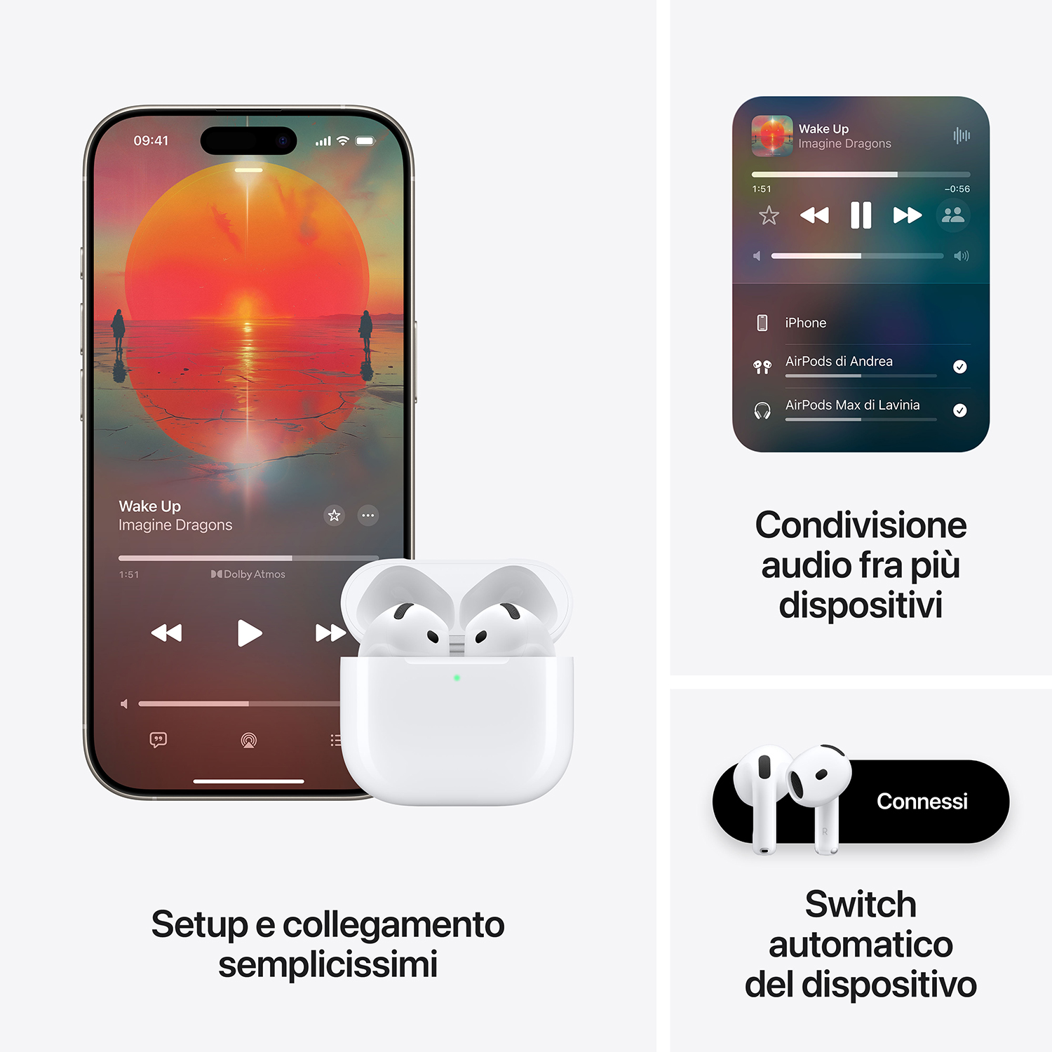 Configurazione iPhone e AirPods. Il telefono mostra l'interfaccia musicale, AirPods nel case. Testo su configurazione e condivisione audio.