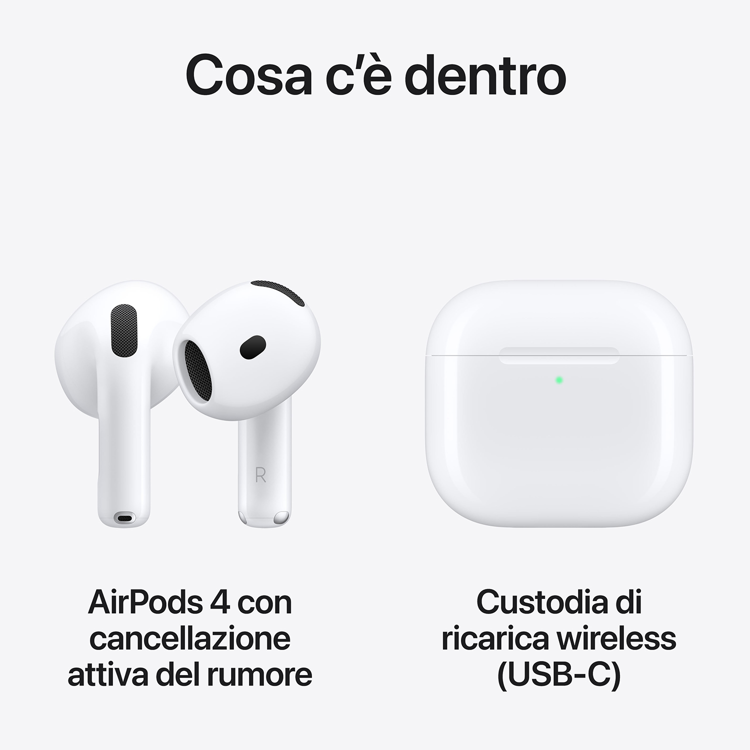 AirPods bianchi e custodia di ricarica. Mostra gli AirPods e la custodia con la scritta 'Cosa c'è dentro'.