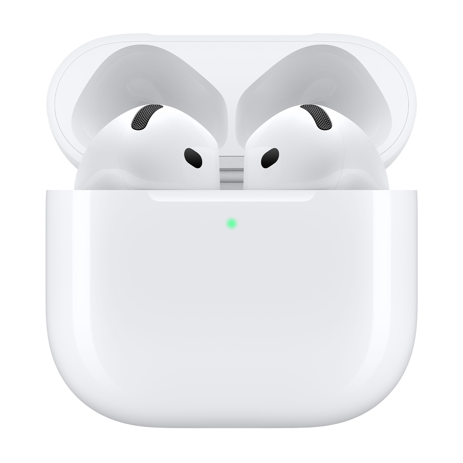 AirPods Pro bianche nella loro custodia di ricarica. La custodia è aperta e gli auricolari sono visibili.
