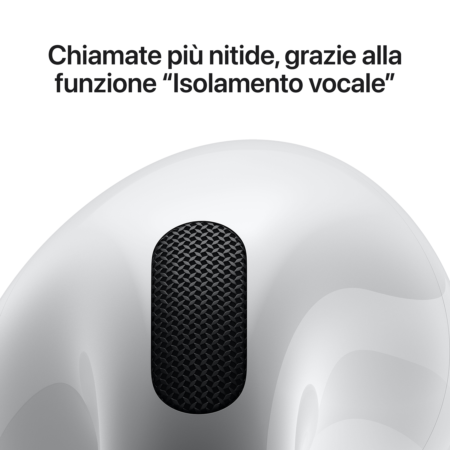 Auricolare bianco con microfono a rete. Testo: Chiamate più nitide, grazie all'isolamento vocale.