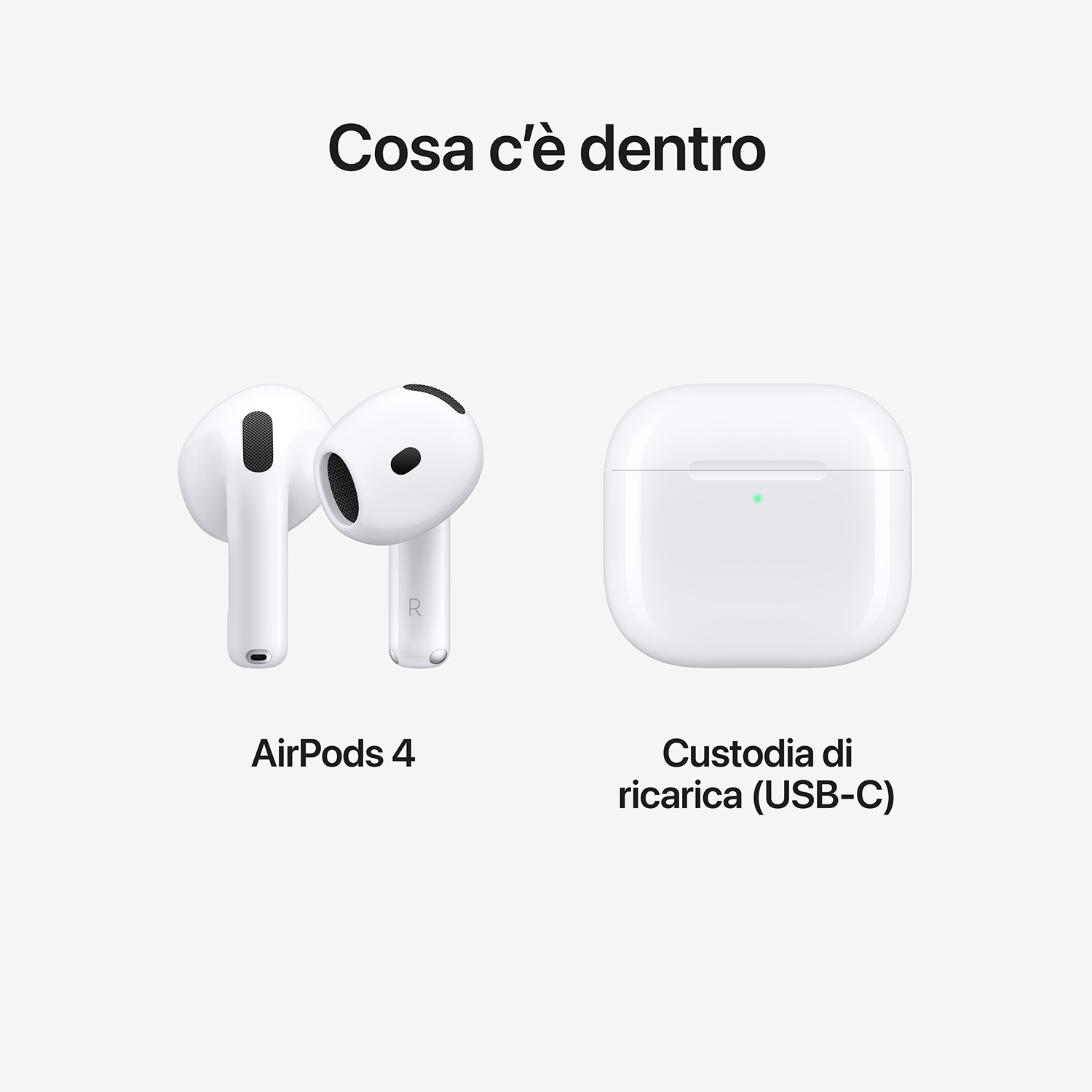 Due AirPods bianche e una custodia di ricarica bianca. Testo: Cosa c'è dentro. AirPods 4 e custodia di ricarica USB-C.