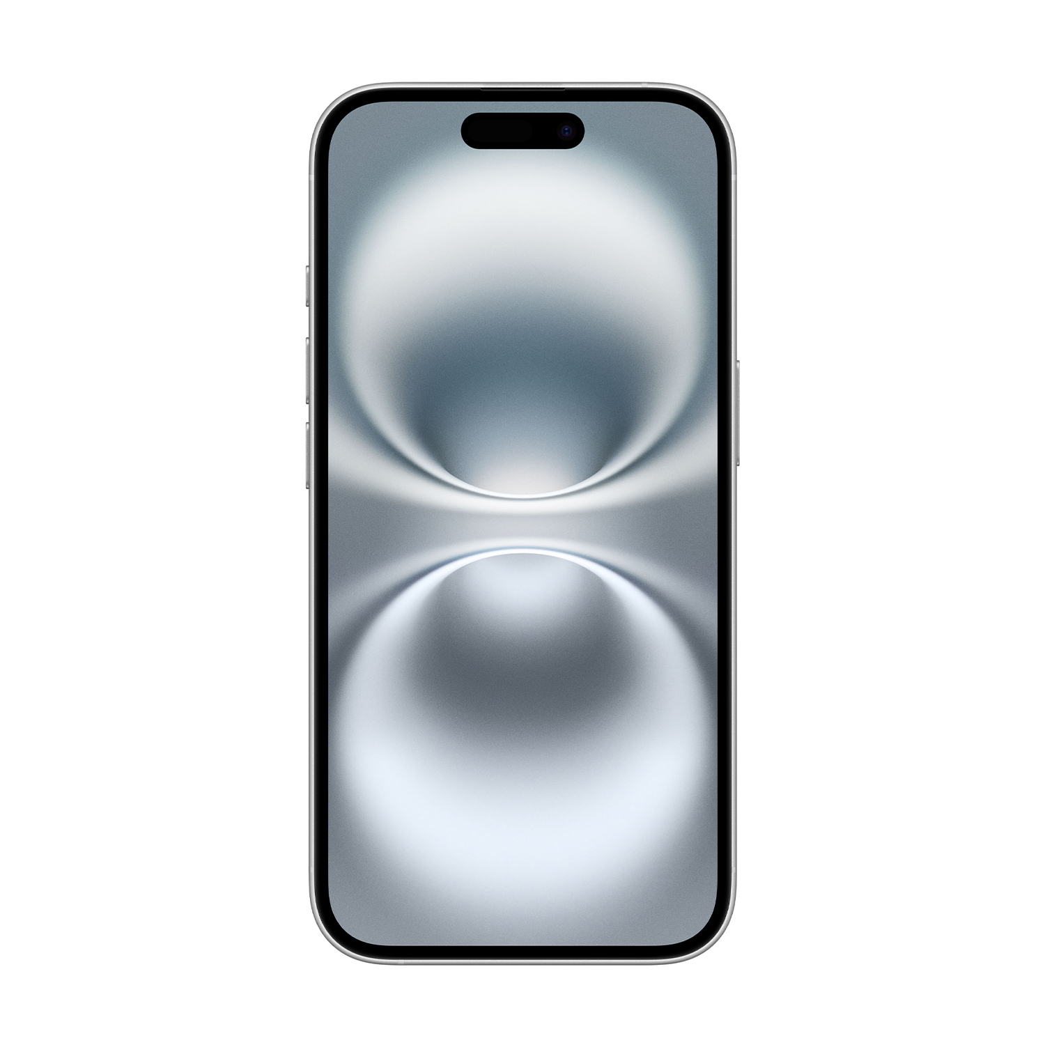 Vista frontale dello smartphone. Cornice argentata, schermo nero. Immagine di sfondo astratta.